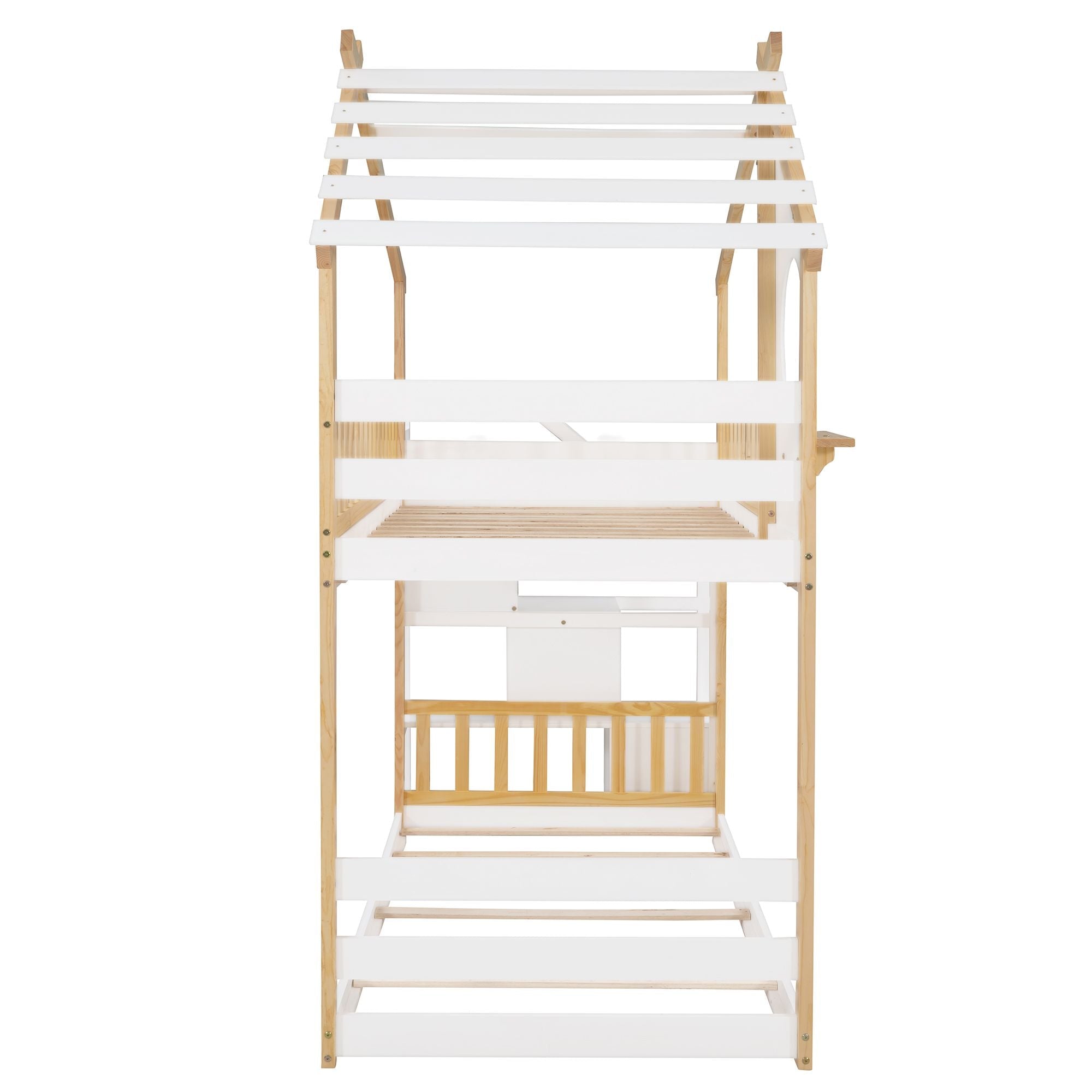 Kids Shared Room Twin Over Twin Wood Bunk Bed with Staircase Storage, House Design, and Guard Rail in Natural and White | Just Better Bunk Beds