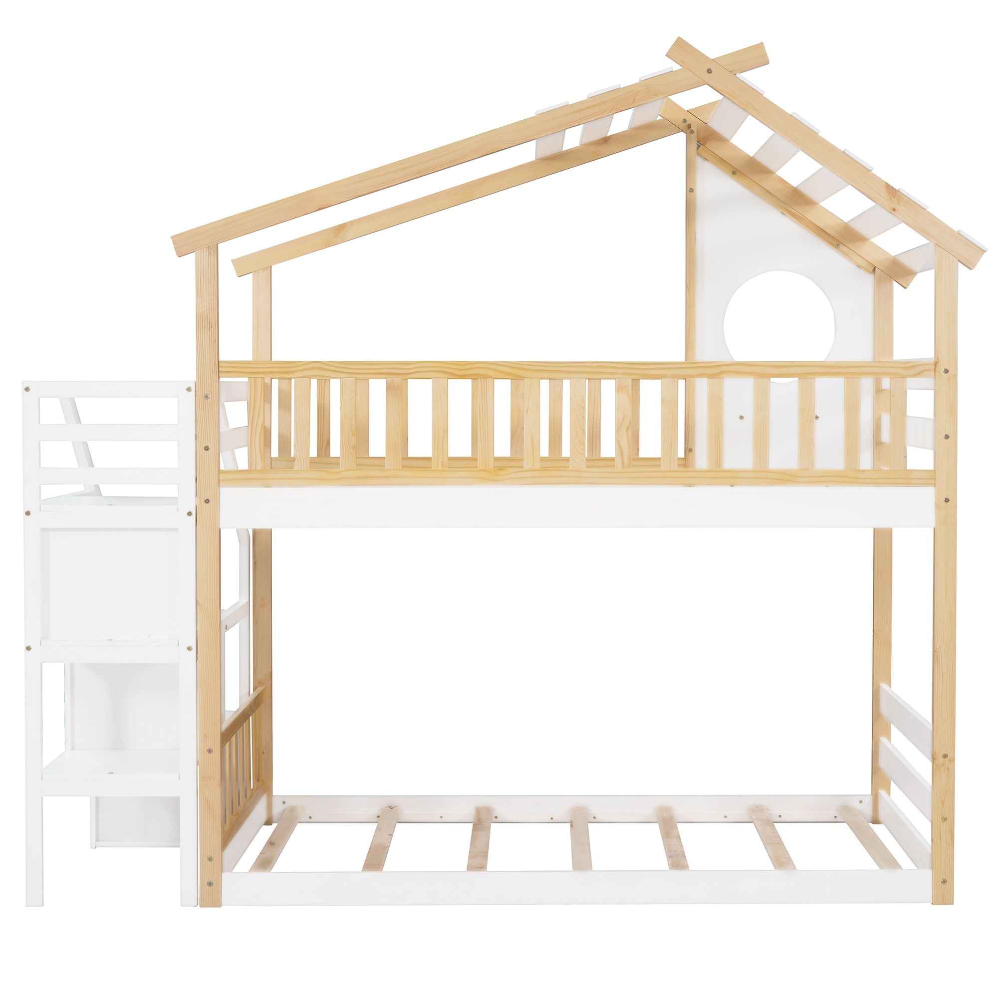 Kids Shared Room Twin Over Twin Wood Bunk Bed with Staircase Storage, House Design, and Guard Rail in Natural and White | Just Better Bunk Beds