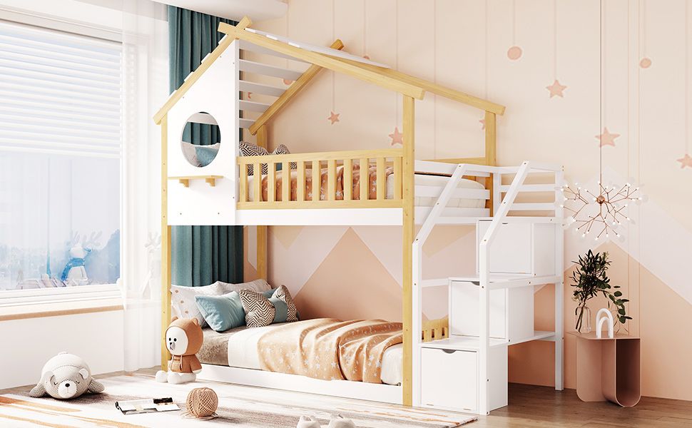 Kids Shared Room Twin Over Twin Wood Bunk Bed with Staircase Storage, House Design, and Guard Rail in Natural and White | Just Better Bunk Beds