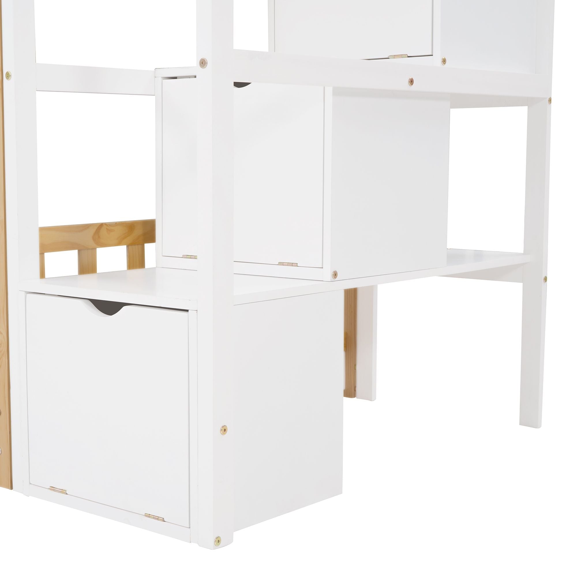 Kids Shared Room Twin Over Twin Wood Bunk Bed with Staircase Storage, House Design, and Guard Rail in Natural and White | Just Better Bunk Beds