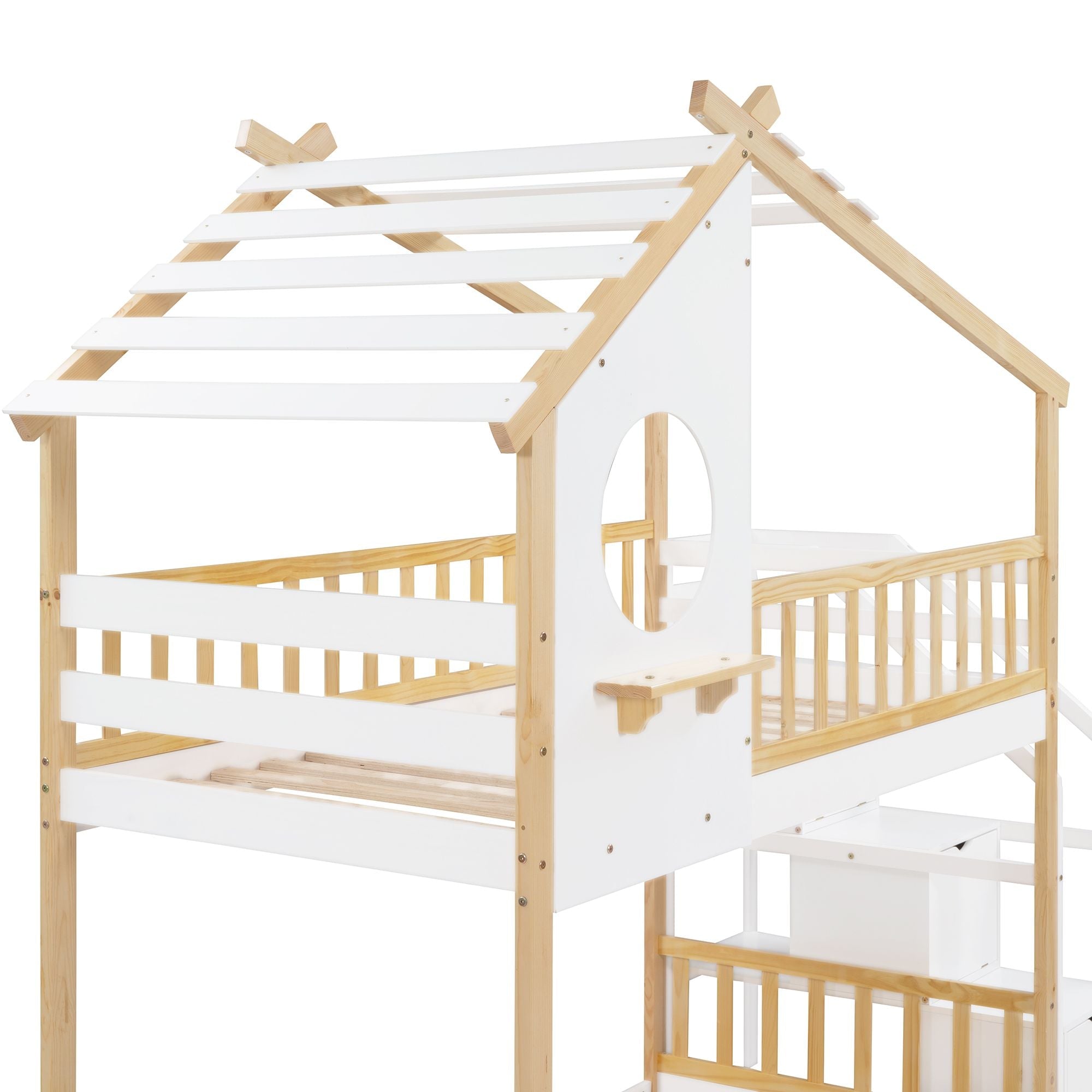 Kids Shared Room Twin Over Twin Wood Bunk Bed with Staircase Storage, House Design, and Guard Rail in Natural and White | Just Better Bunk Beds