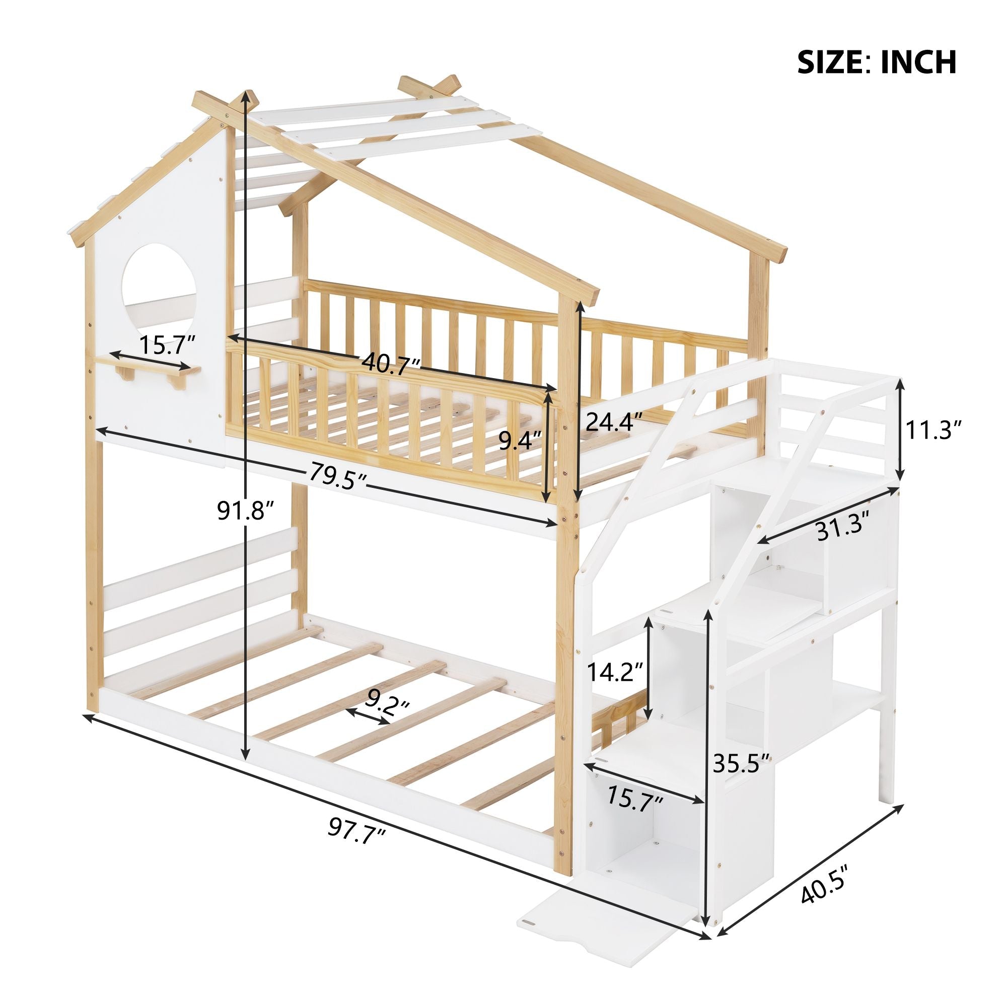 Kids Shared Room Twin Over Twin Wood Bunk Bed with Staircase Storage, House Design, and Guard Rail in Natural and White | Just Better Bunk Beds