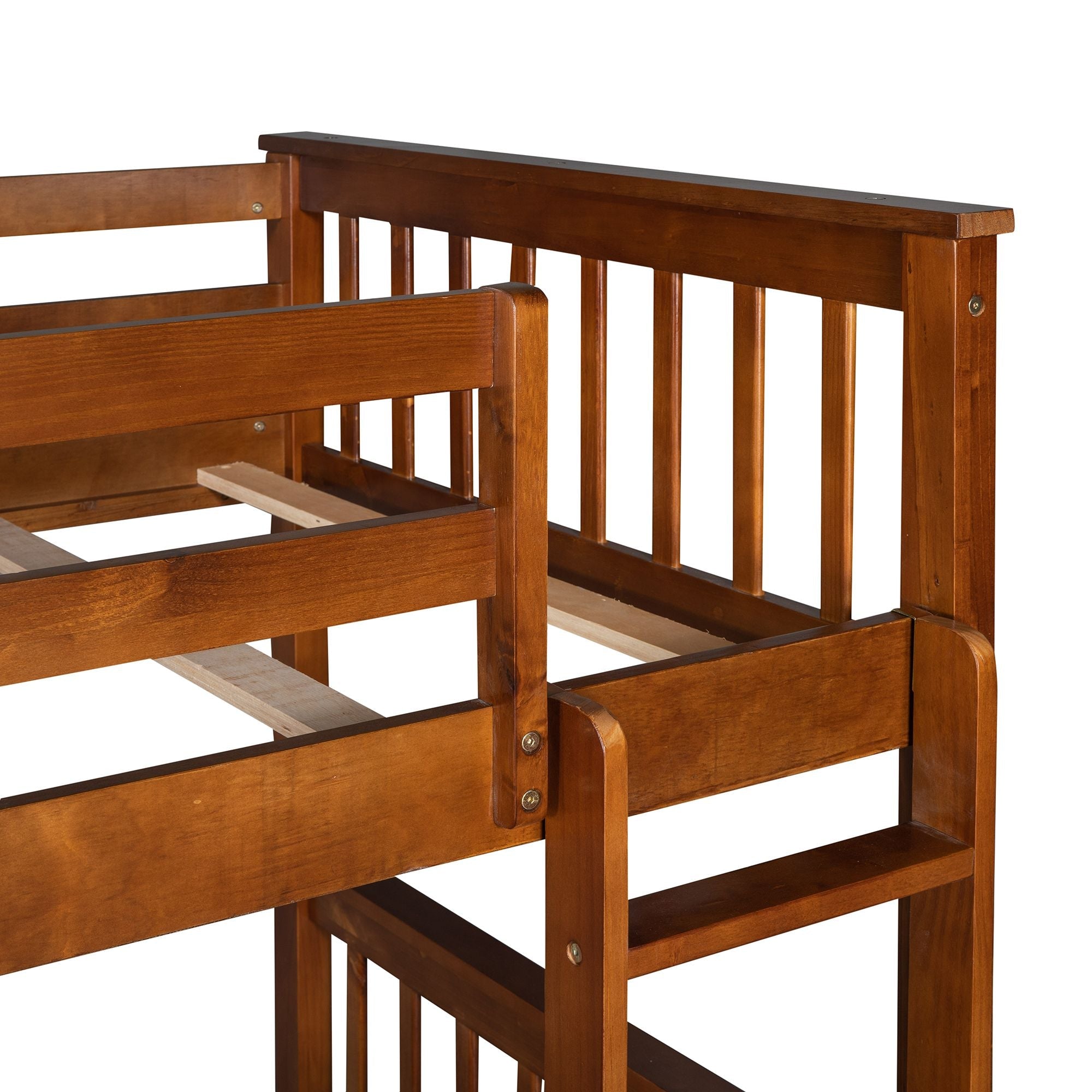 Kids Shared Room Twin Over Twin Wood Bunk Bed with Storage Drawers and Ladder, Walnut | Just Better Bunk Beds