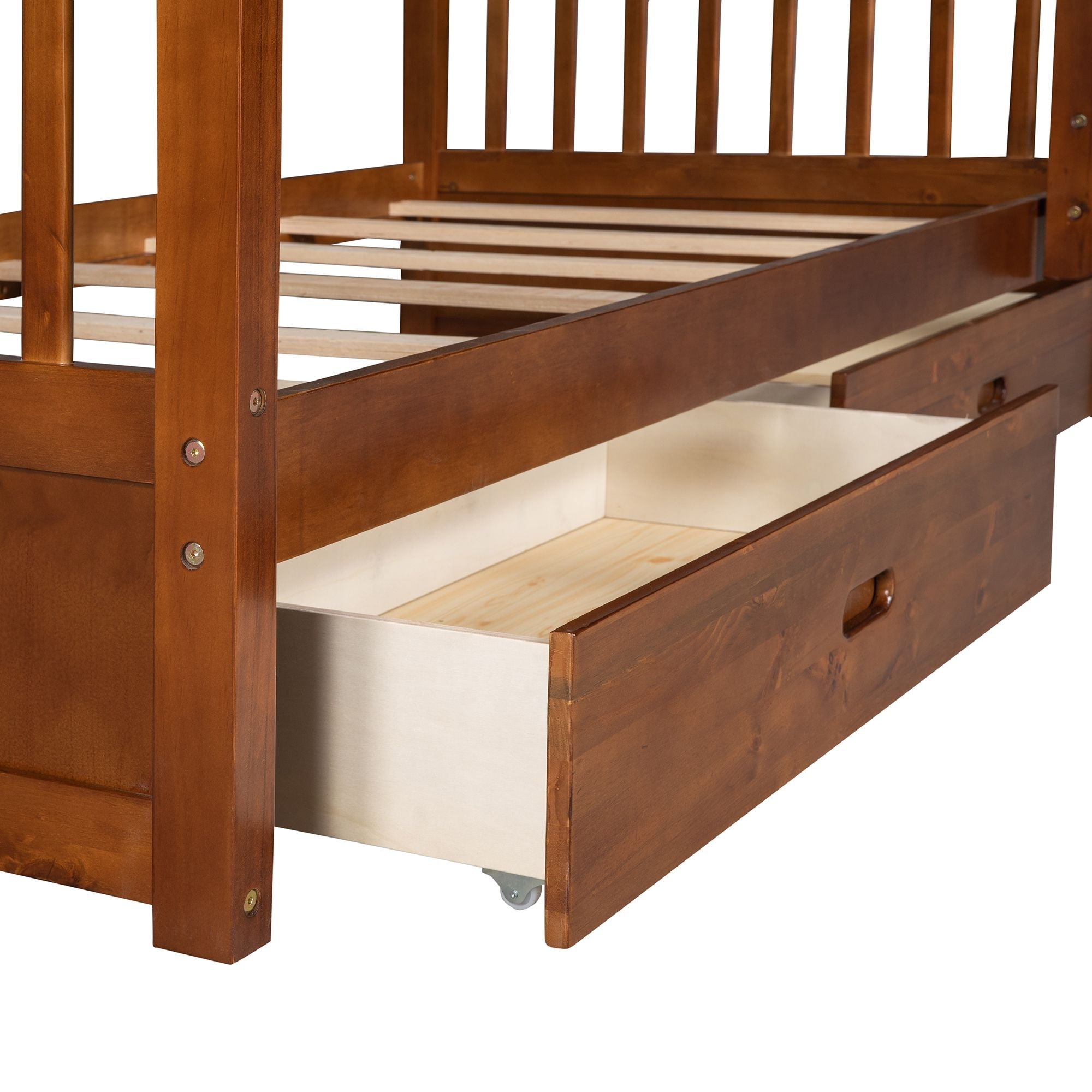 Kids Shared Room Twin Over Twin Wood Bunk Bed with Storage Drawers and Ladder, Walnut | Just Better Bunk Beds