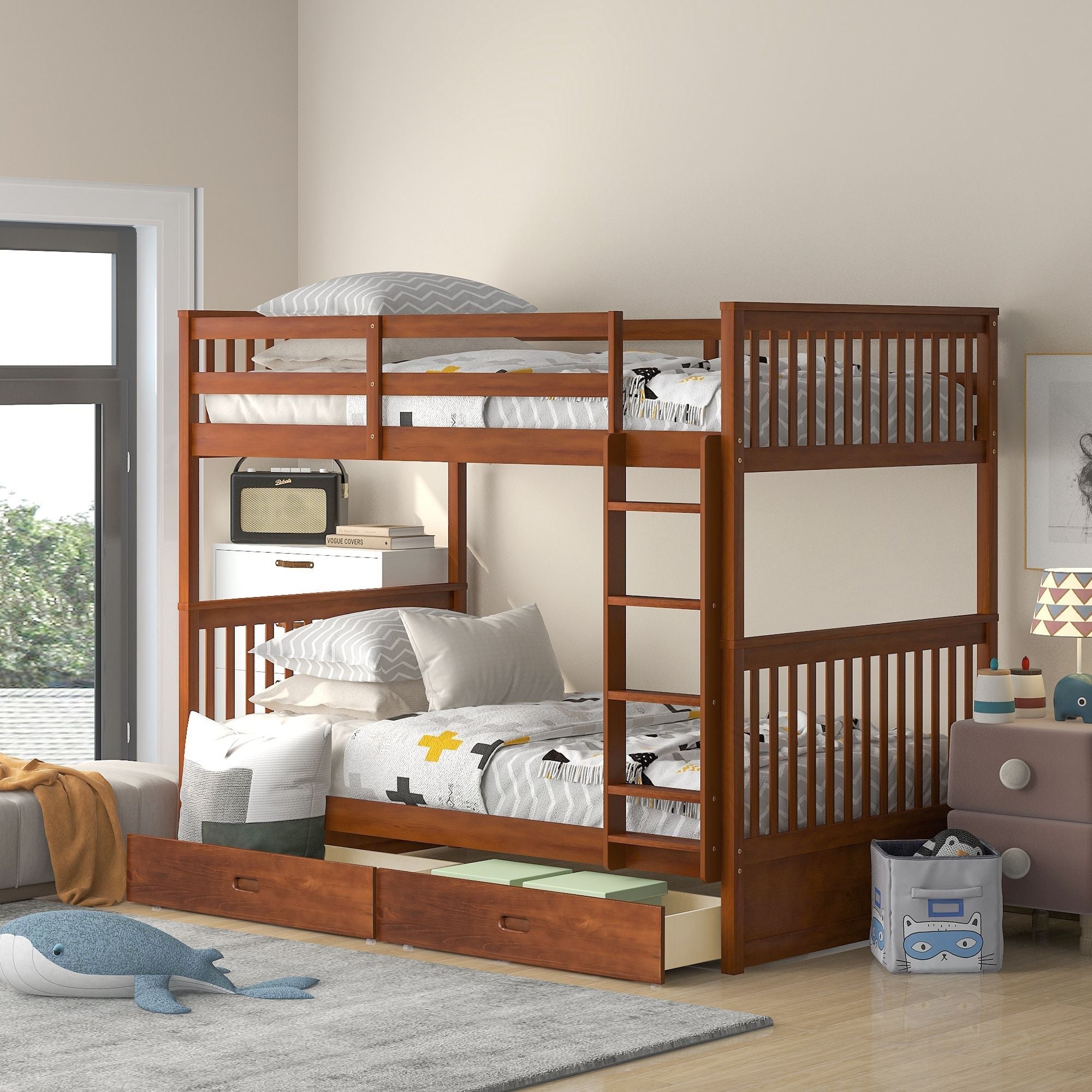 Kids Shared Room Twin Over Twin Wood Bunk Bed with Storage Drawers and Ladder, Walnut | Just Better Bunk Beds