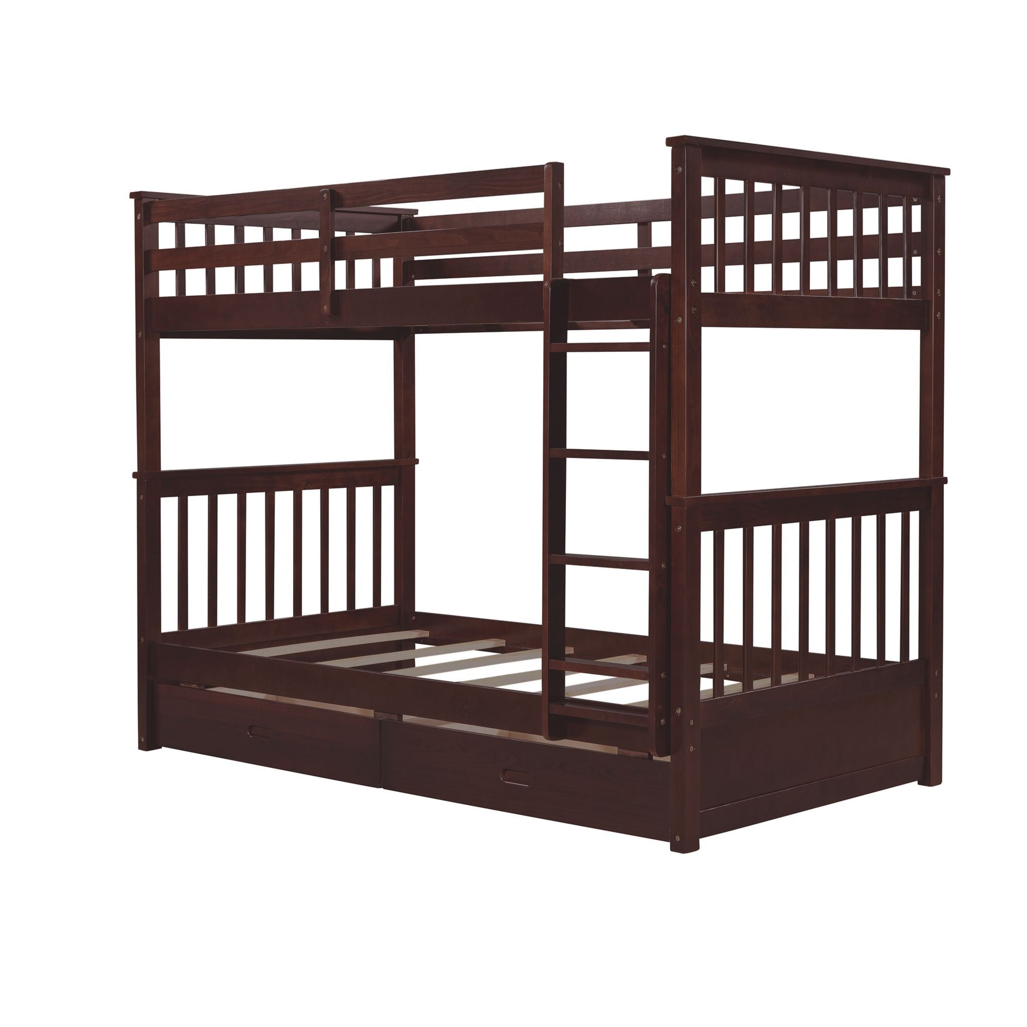 Kids Shared Room Twin Over Twin Wood Bunk Bed with Storage Drawers and Ladders, Espresso | Just Better Bunk Beds