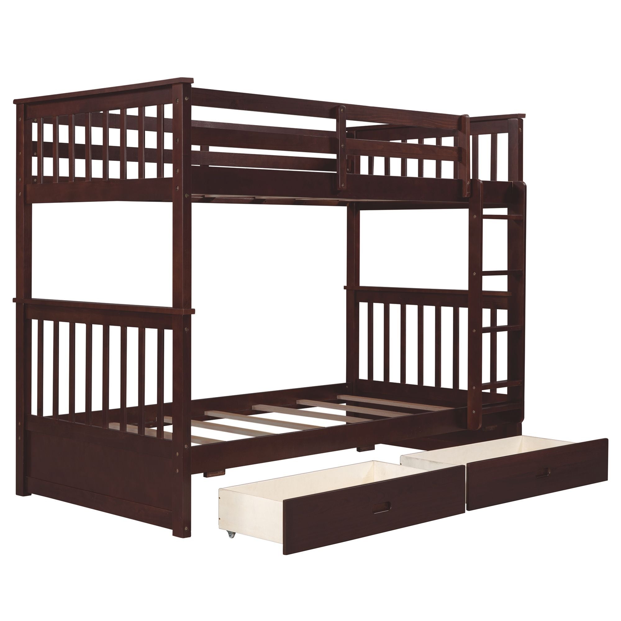 Kids Shared Room Twin Over Twin Wood Bunk Bed with Storage Drawers and Ladders, Espresso | Just Better Bunk Beds