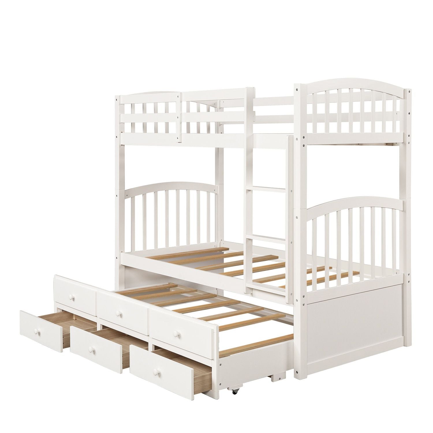 Kids Shared Room Twin Over Twin Wood Bunk Bed with Trundle, 3 Drawers, Ladder, Safety Rail in White | Just Better Bunk Beds