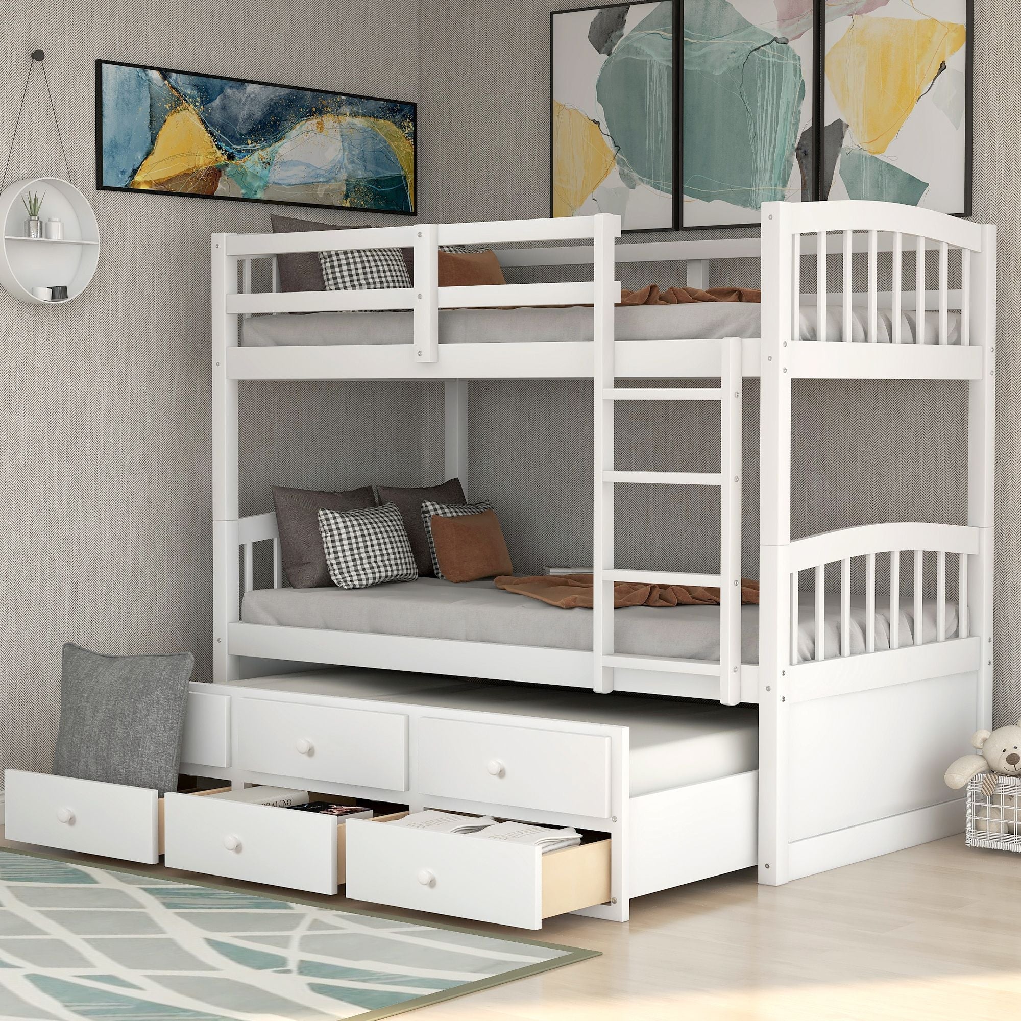 Kids Shared Room Twin Over Twin Wood Bunk Bed with Trundle, 3 Drawers, Ladder, Safety Rail in White | Just Better Bunk Beds