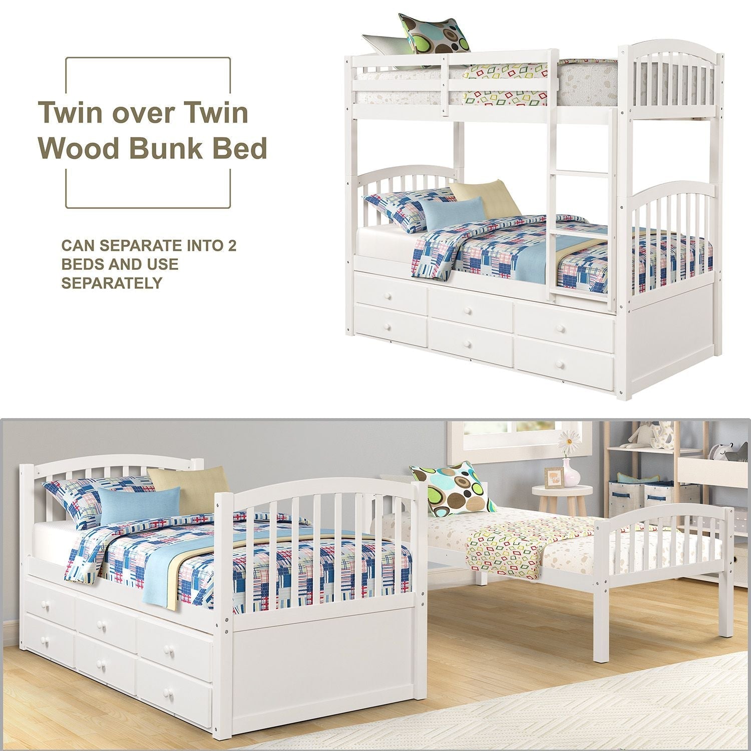 Kids Shared Room Twin Over Twin Wood Bunk Bed with Trundle, 3 Drawers, Ladder, Safety Rail in White | Just Better Bunk Beds