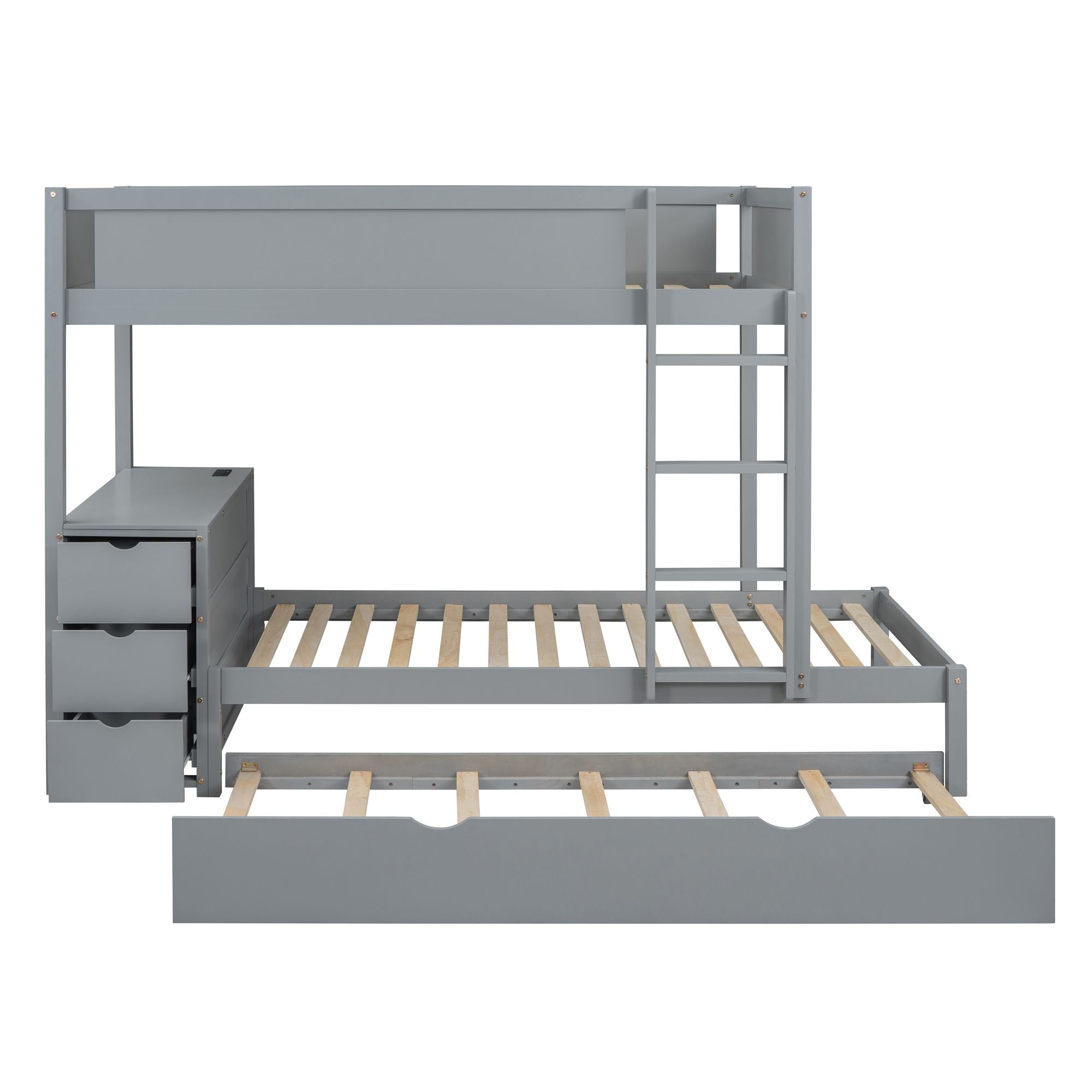 Kids Shared Room Twin Over Twin Wood Bunk Bed with Trundle, Desk, Storage, Gray | Just Better Bunk Beds