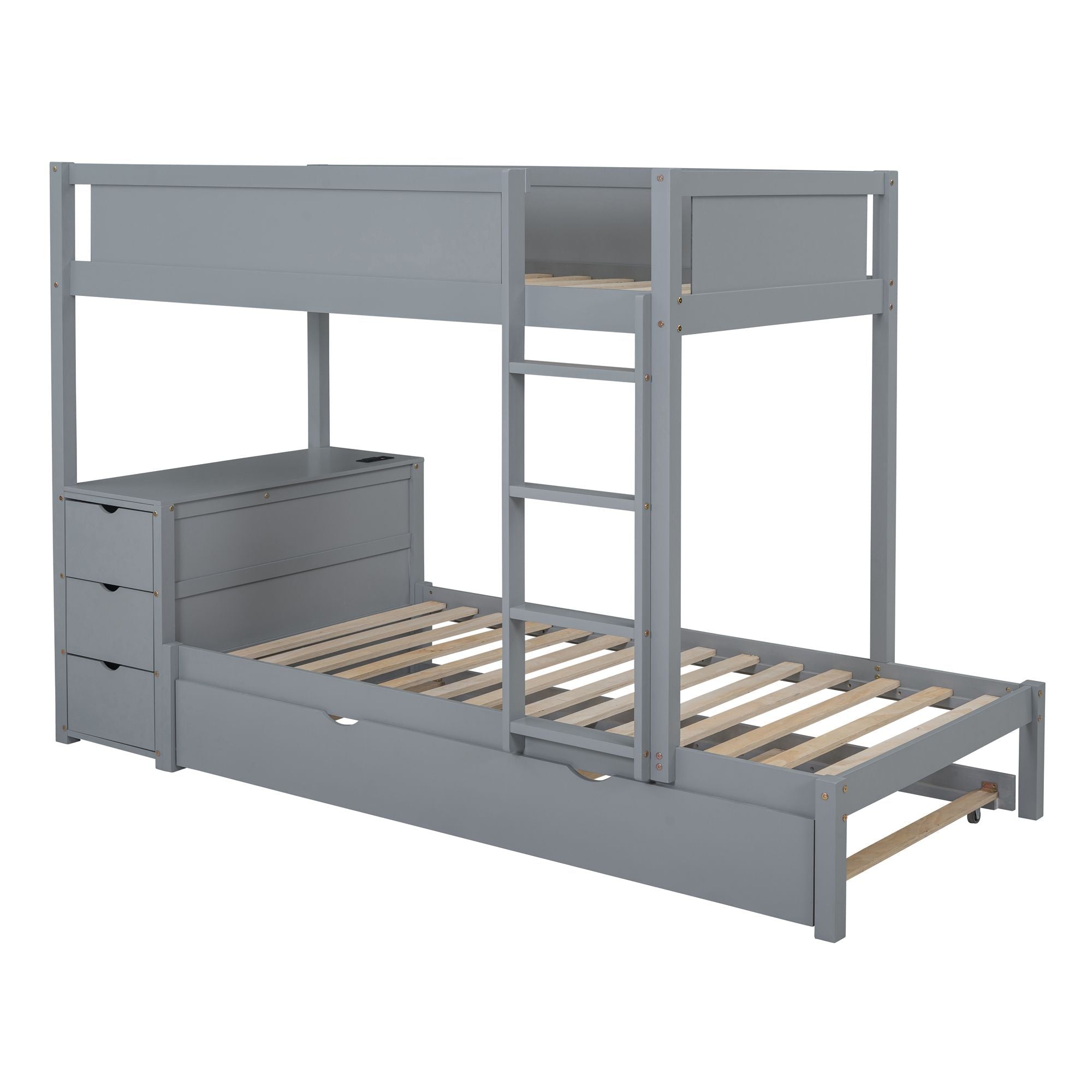Kids Shared Room Twin Over Twin Wood Bunk Bed with Trundle, Desk, Storage, Gray | Just Better Bunk Beds