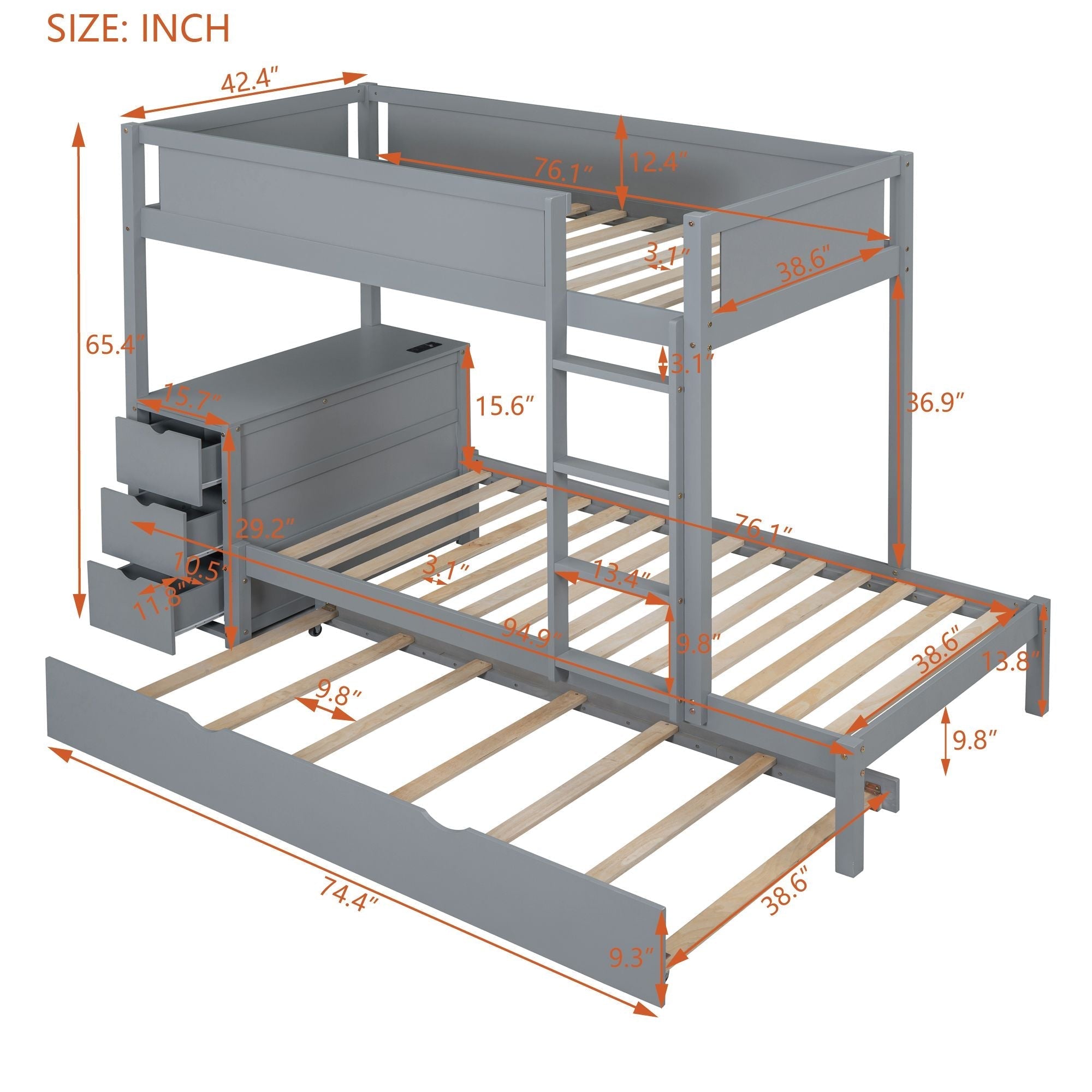Kids Shared Room Twin Over Twin Wood Bunk Bed with Trundle, Desk, Storage, Gray | Just Better Bunk Beds