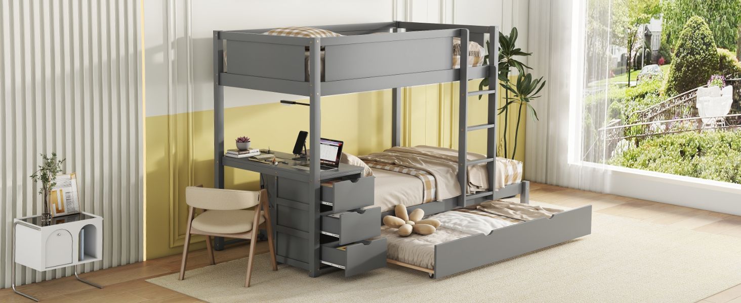 Kids Shared Room Twin Over Twin Wood Bunk Bed with Trundle, Desk, Storage, Gray | Just Better Bunk Beds