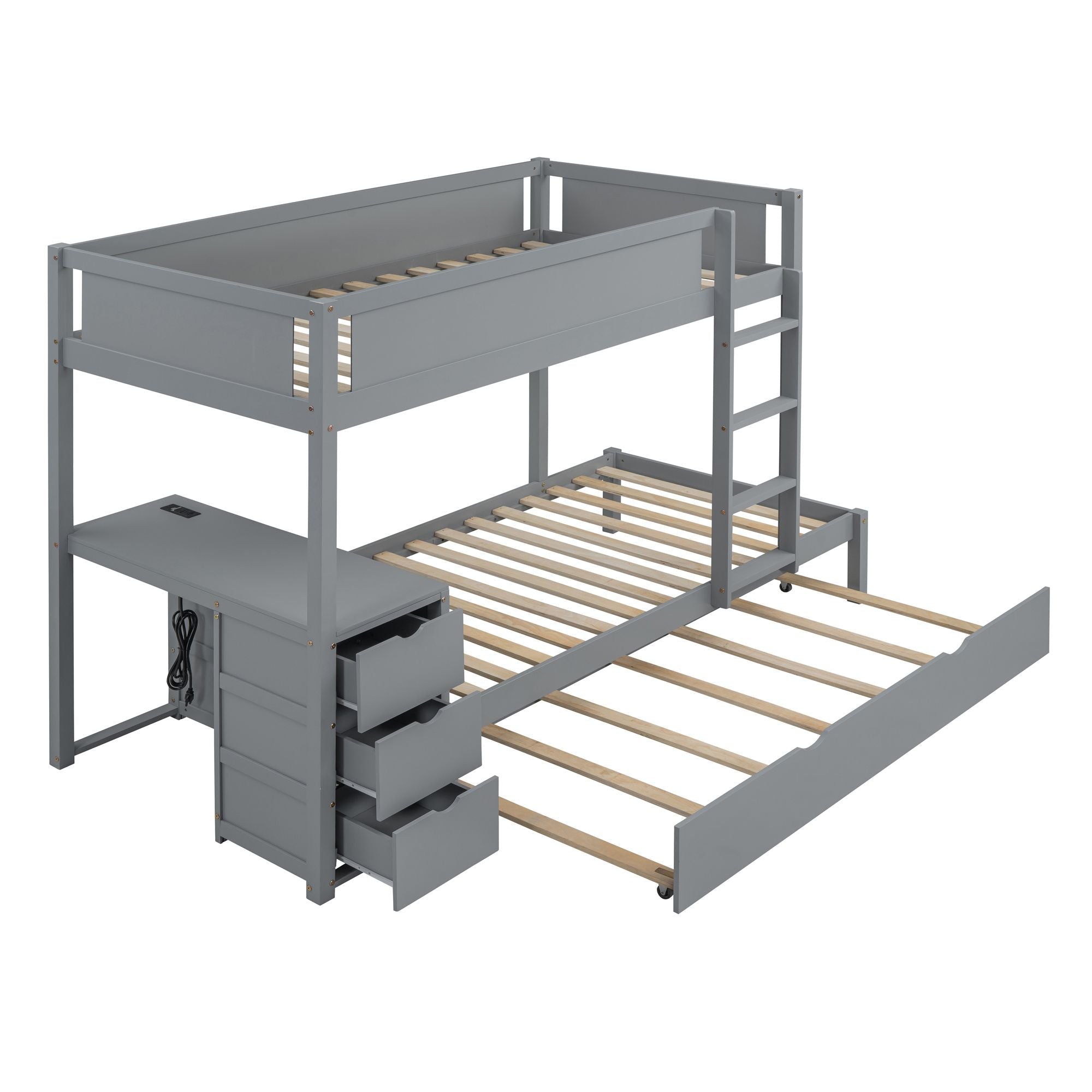 Kids Shared Room Twin Over Twin Wood Bunk Bed with Trundle, Desk, Storage, Gray | Just Better Bunk Beds
