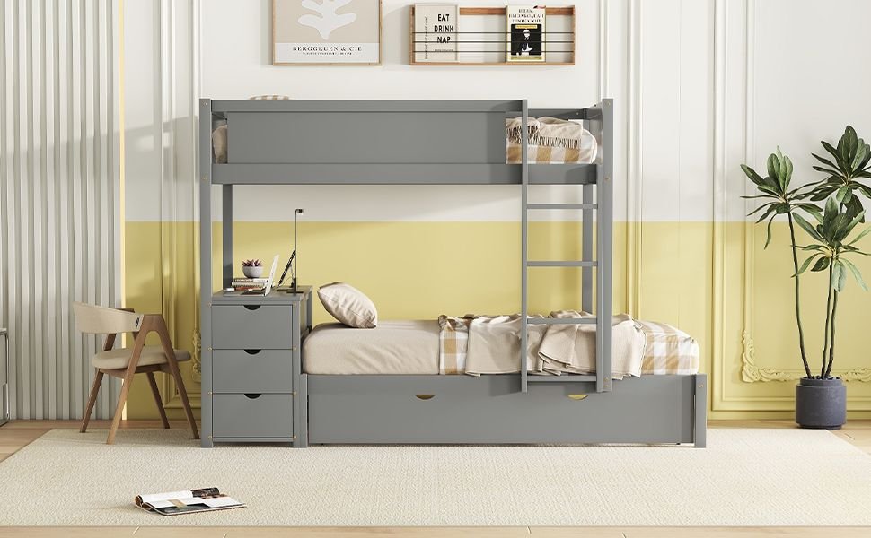 Kids Shared Room Twin Over Twin Wood Bunk Bed with Trundle, Desk, Storage, Gray | Just Better Bunk Beds