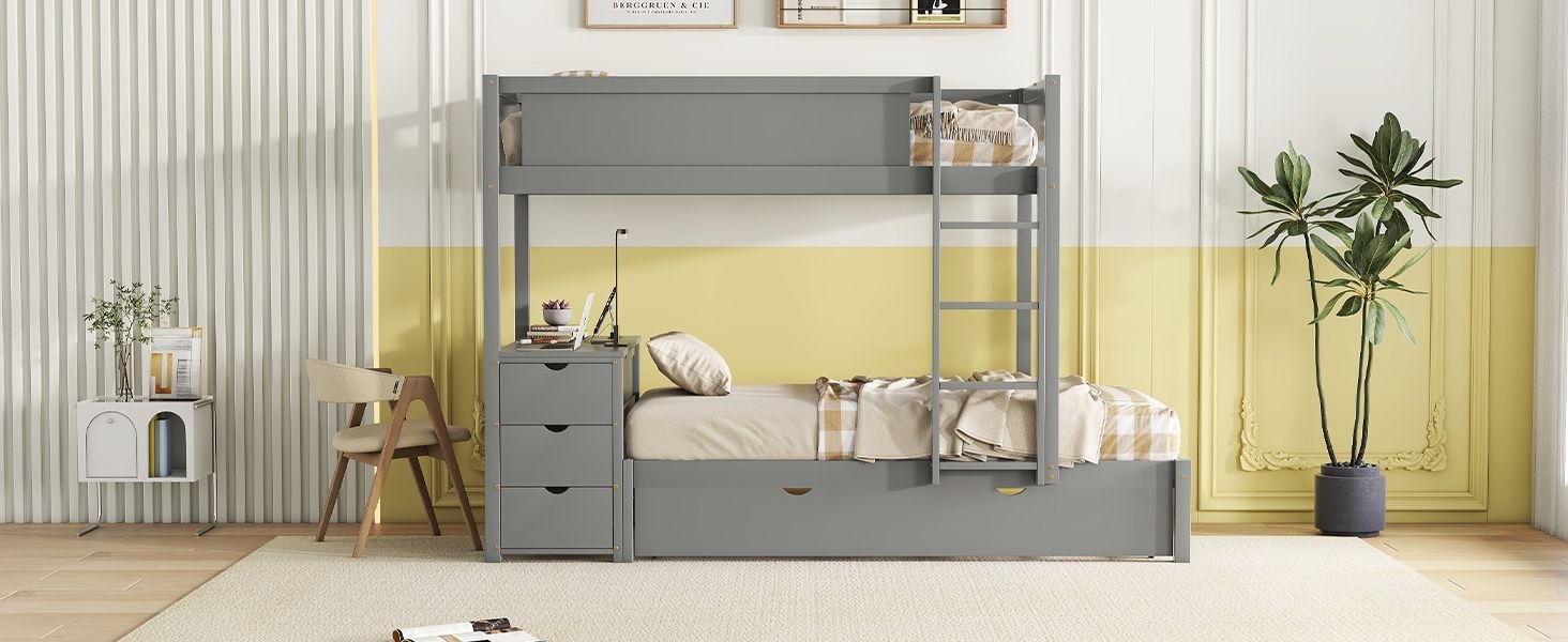 Kids Shared Room Twin Over Twin Wood Bunk Bed with Trundle, Desk, Storage, Gray | Just Better Bunk Beds
