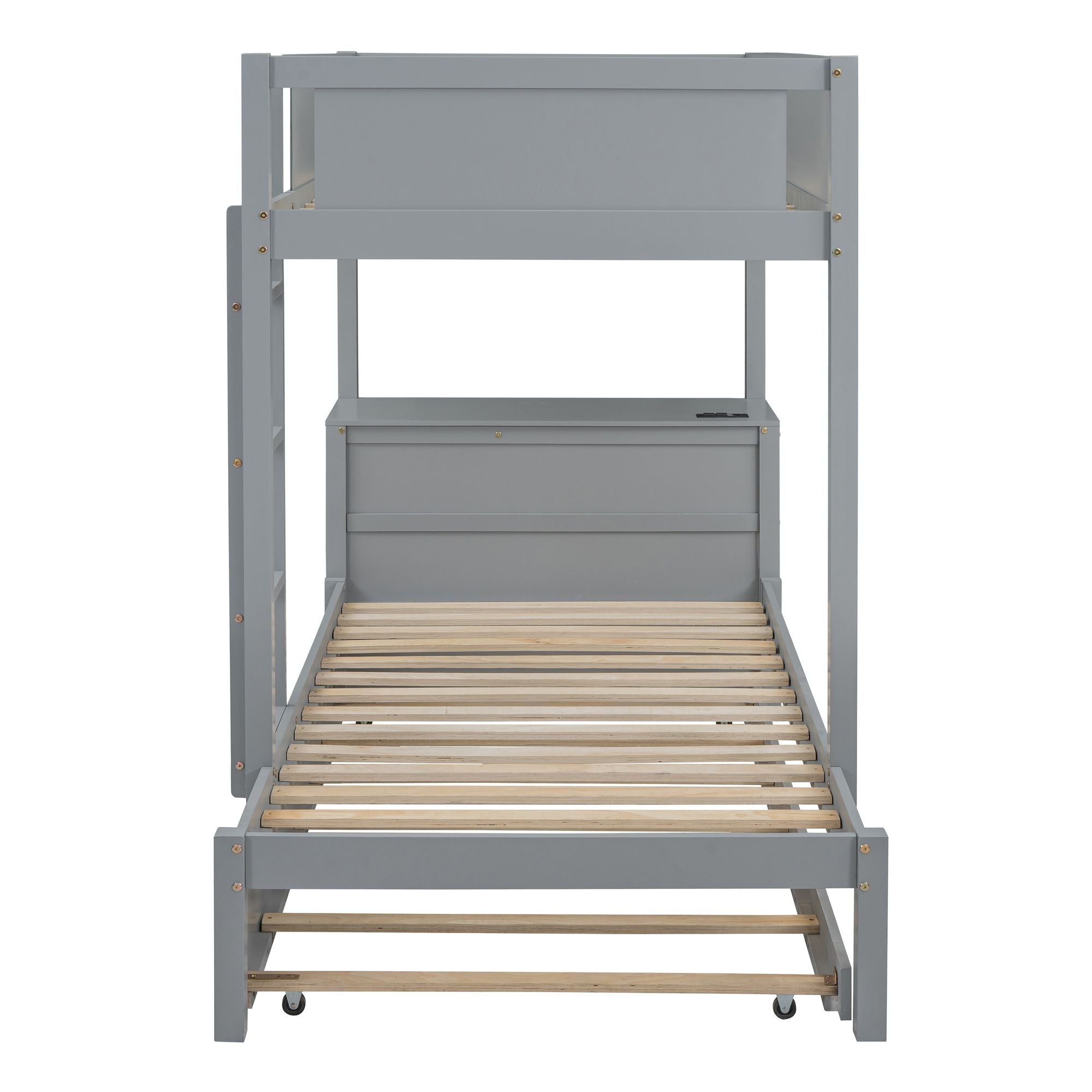 Kids Shared Room Twin Over Twin Wood Bunk Bed with Trundle, Desk, Storage, Gray | Just Better Bunk Beds