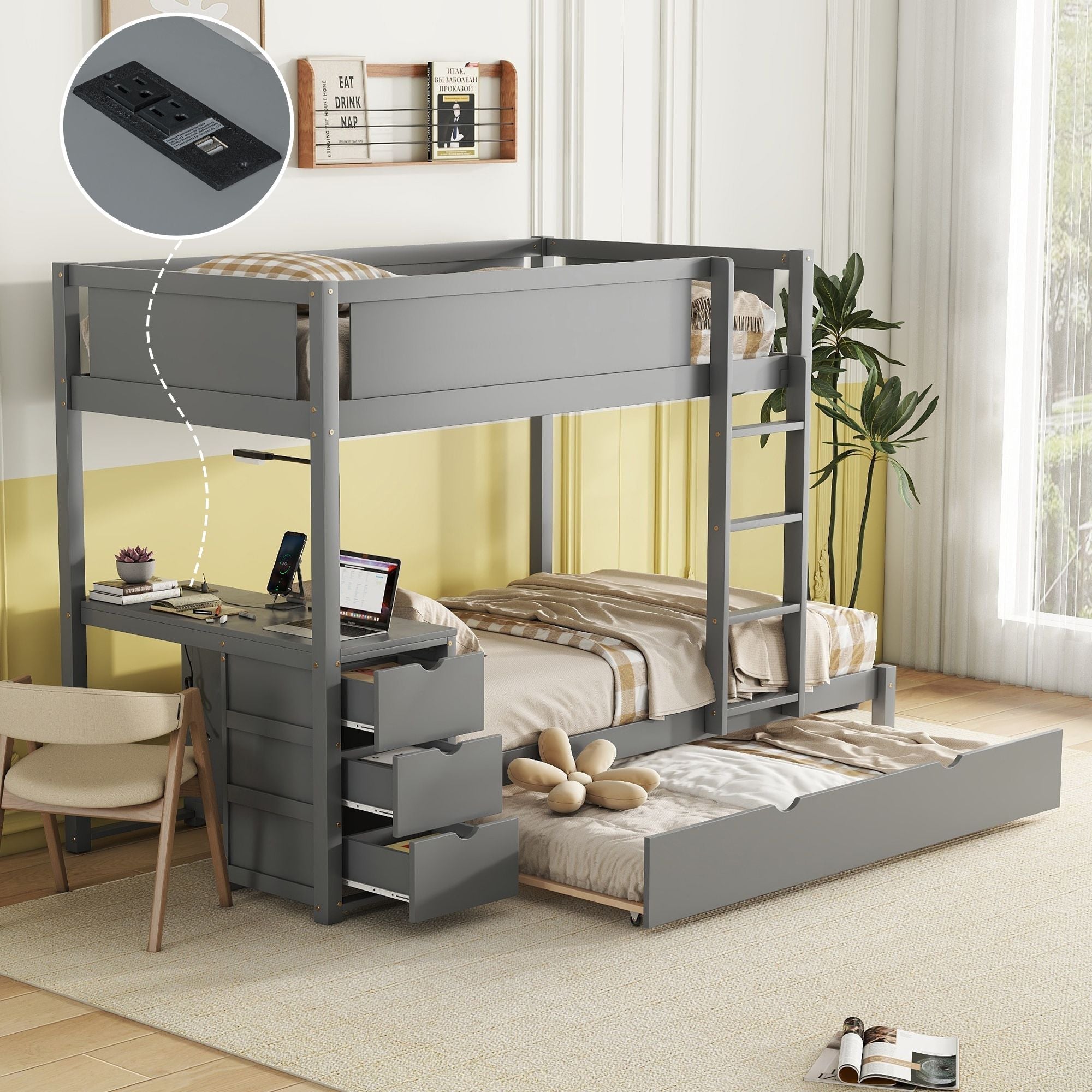 Kids Shared Room Twin Over Twin Wood Bunk Bed with Trundle, Desk, Storage, Gray | Just Better Bunk Beds