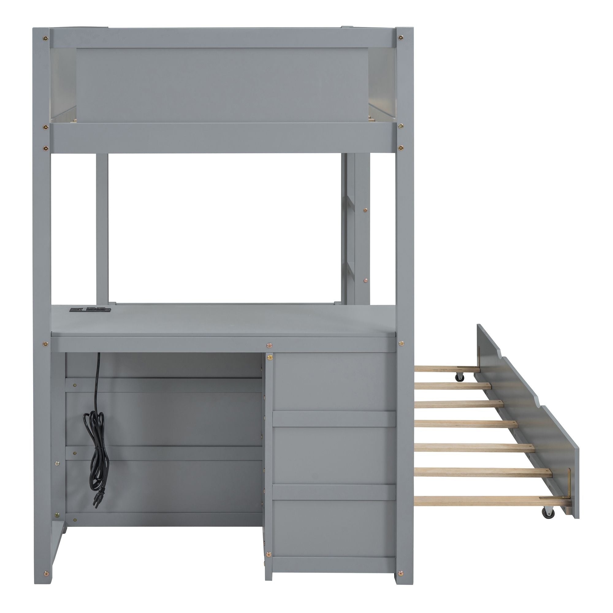 Kids Shared Room Twin Over Twin Wood Bunk Bed with Trundle, Desk, Storage, Gray | Just Better Bunk Beds
