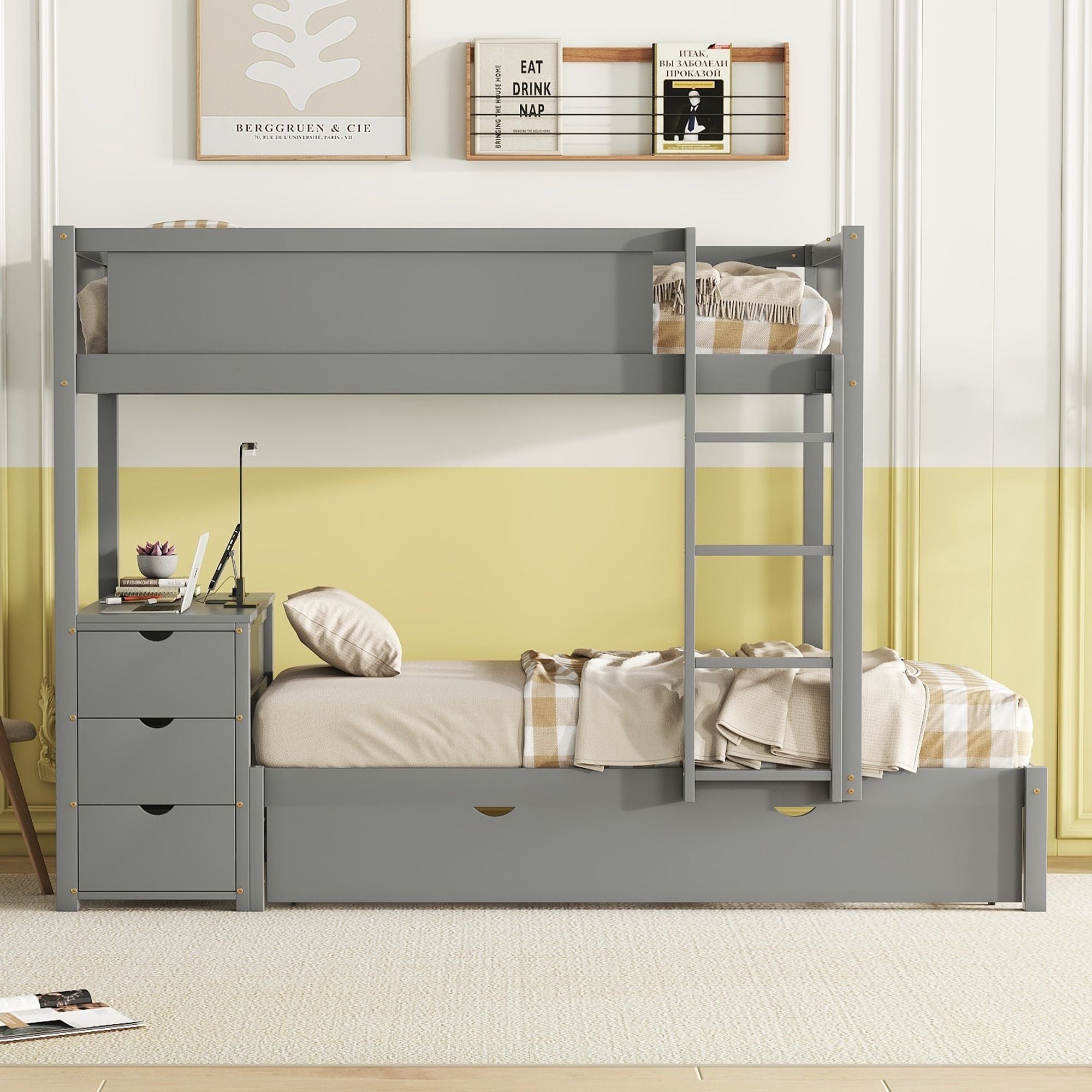 Kids Shared Room Twin Over Twin Wood Bunk Bed with Trundle, Desk, Storage, Gray | Just Better Bunk Beds