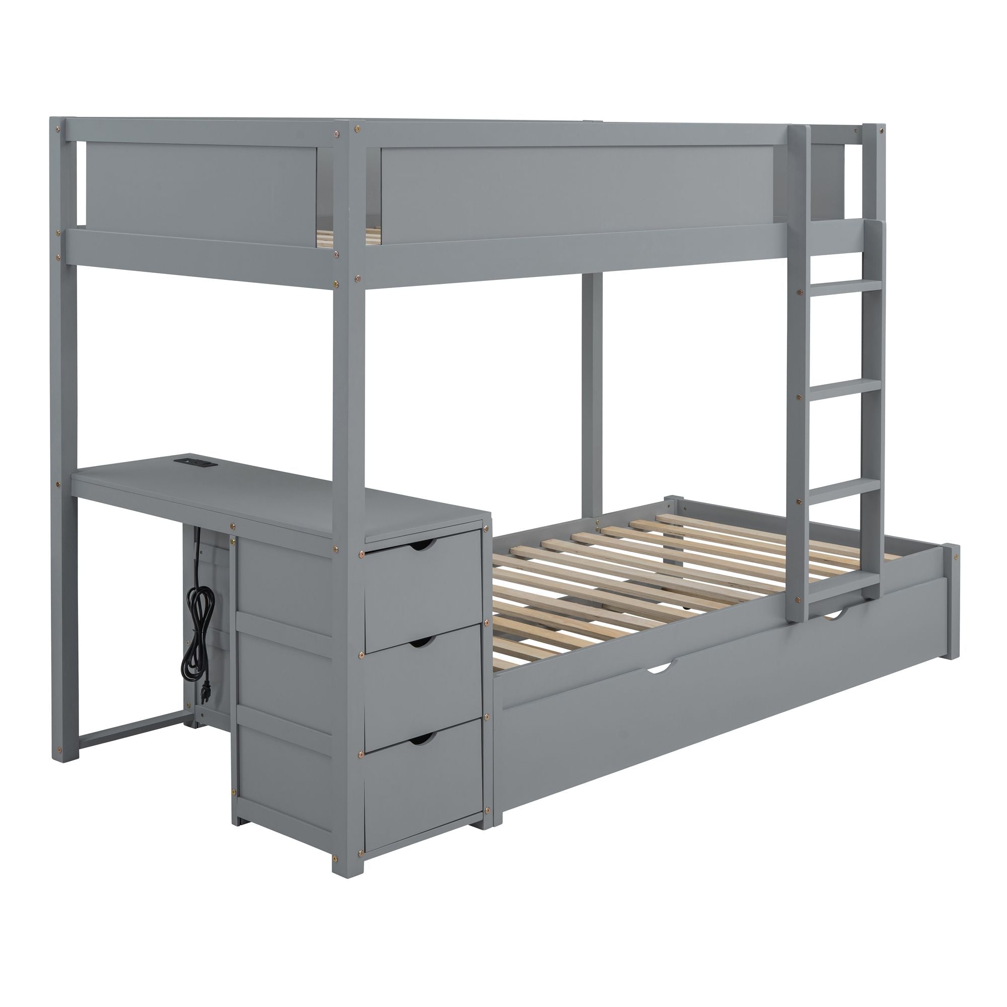 Kids Shared Room Twin Over Twin Wood Bunk Bed with Trundle, Desk, Storage, Gray | Just Better Bunk Beds