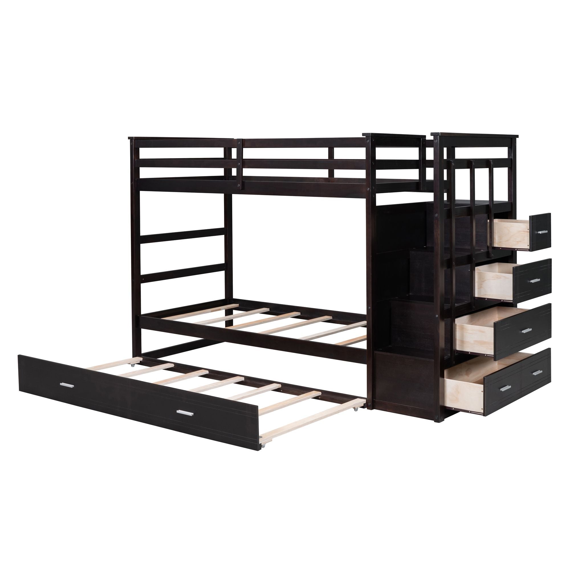 Kids Shared Room Twin Over Twin Wood Bunk Bed with Trundle, Staircase Storage, Espresso | Just Better Bunk Beds