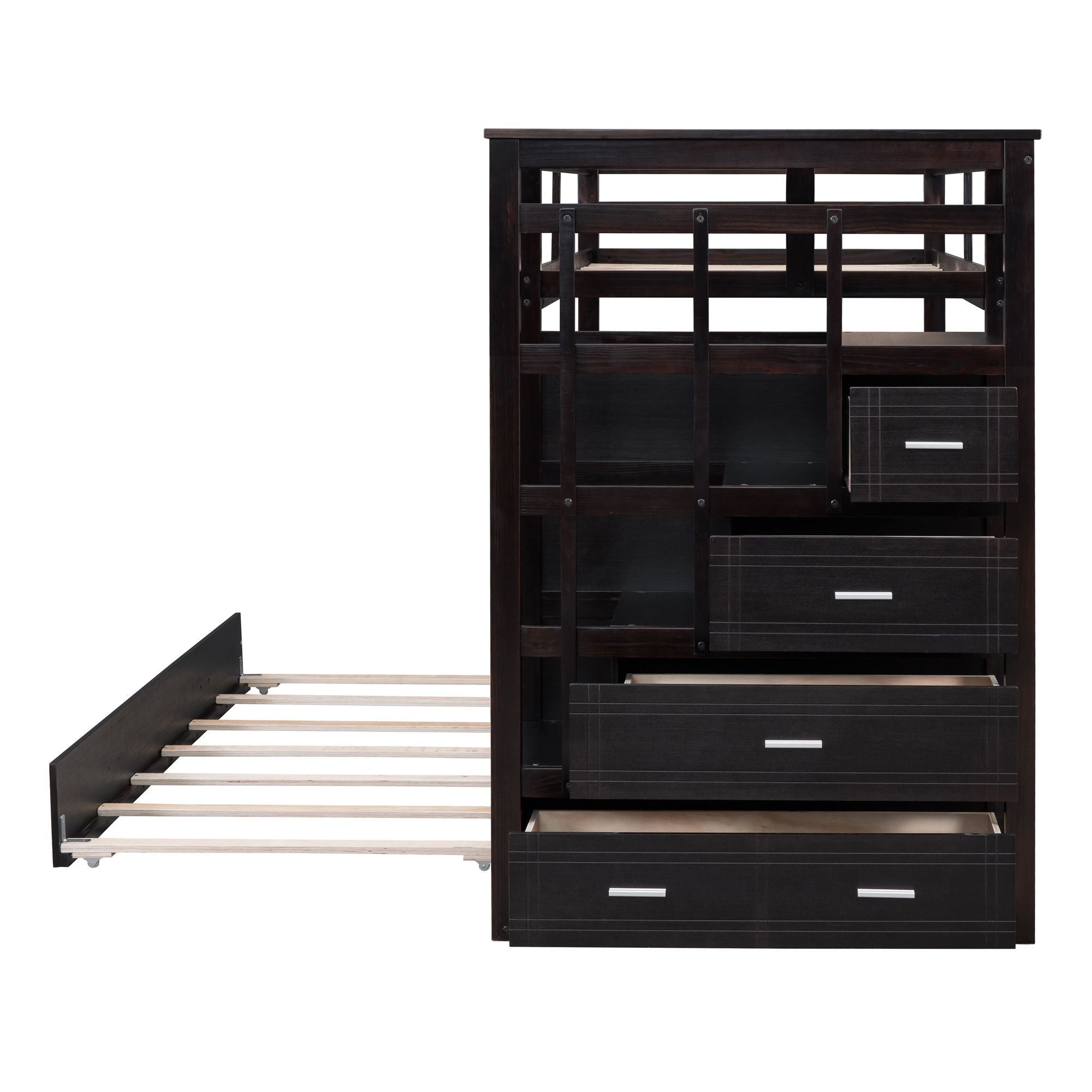 Kids Shared Room Twin Over Twin Wood Bunk Bed with Trundle, Staircase Storage, Espresso | Just Better Bunk Beds