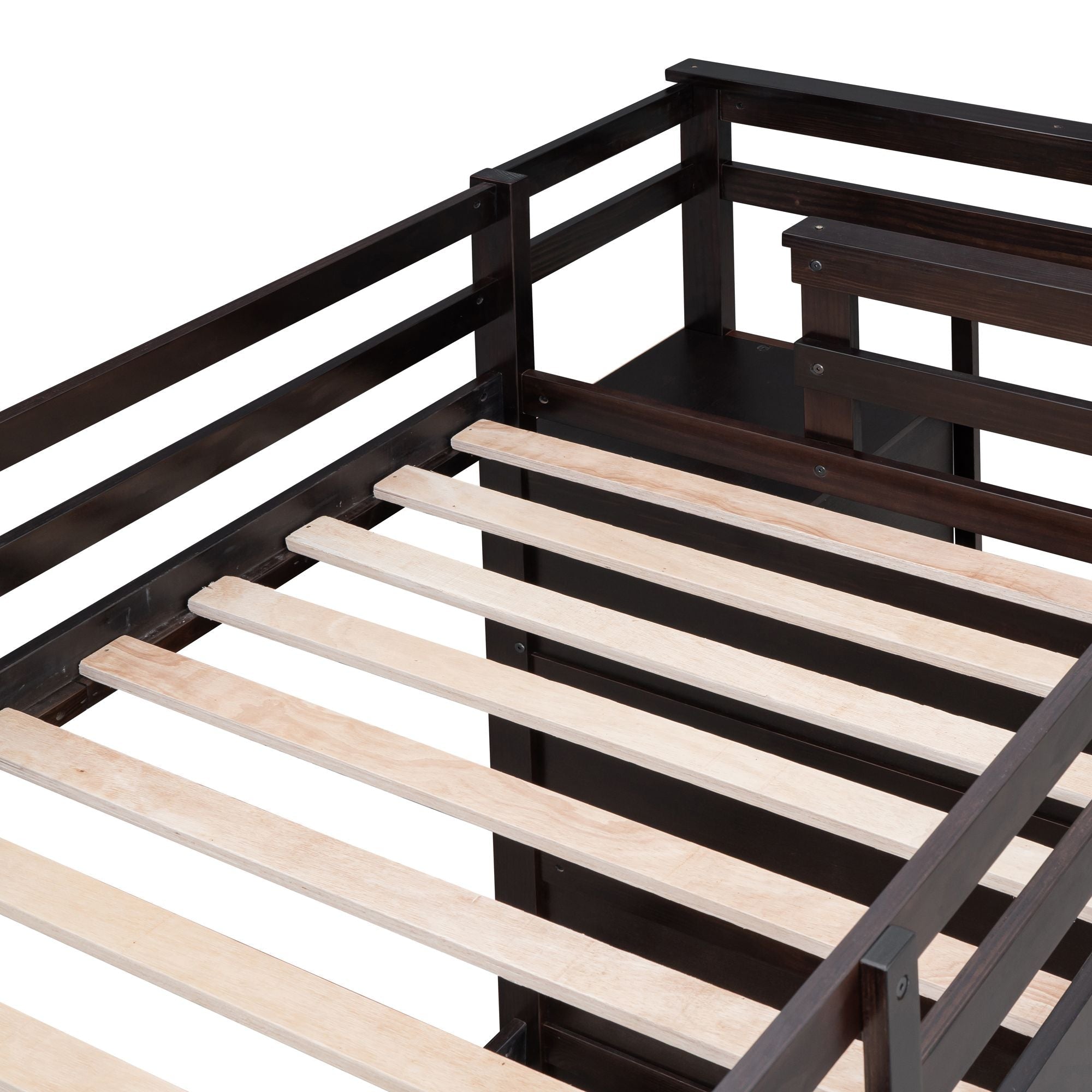Kids Shared Room Twin Over Twin Wood Bunk Bed with Trundle, Staircase Storage, Espresso | Just Better Bunk Beds