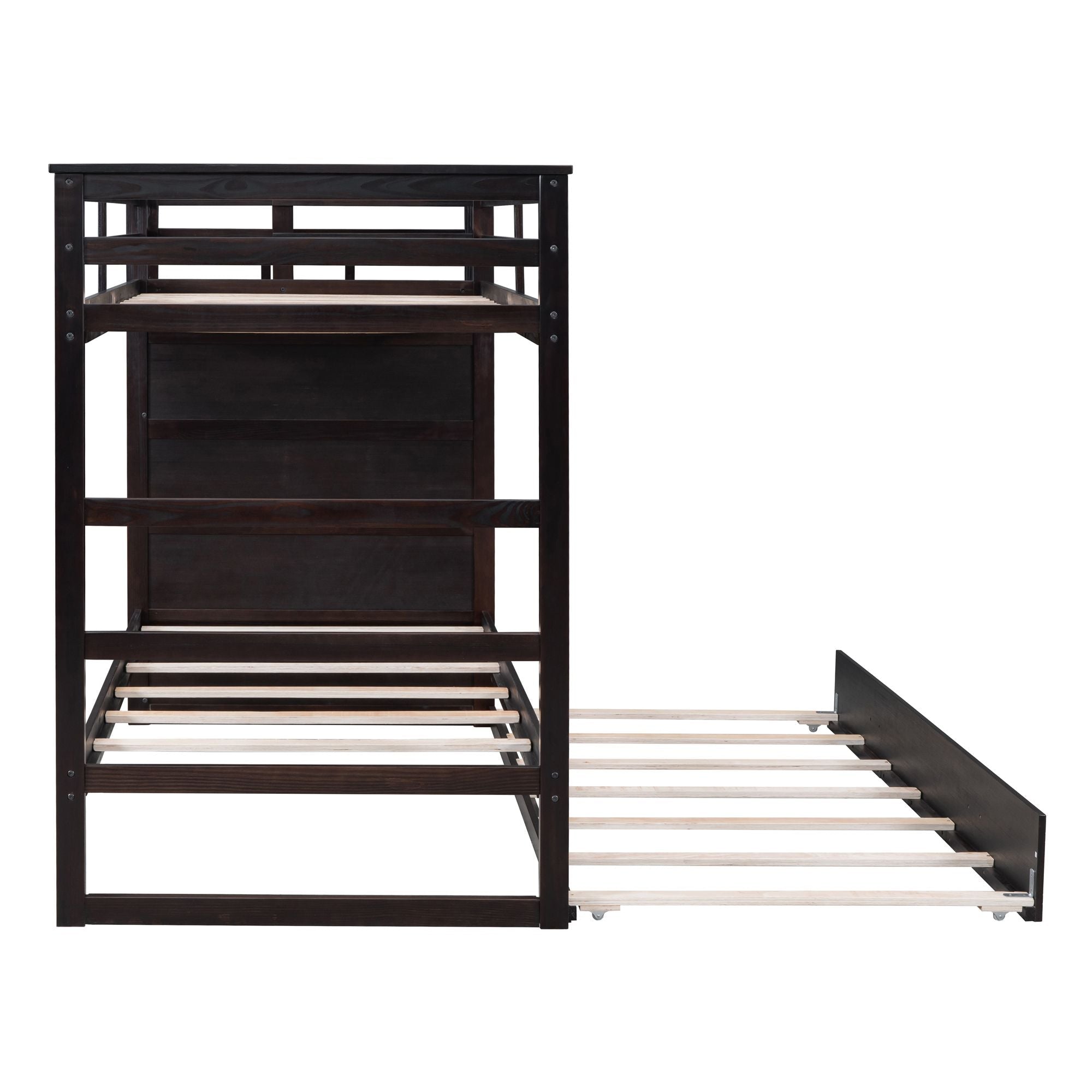 Kids Shared Room Twin Over Twin Wood Bunk Bed with Trundle, Staircase Storage, Espresso | Just Better Bunk Beds