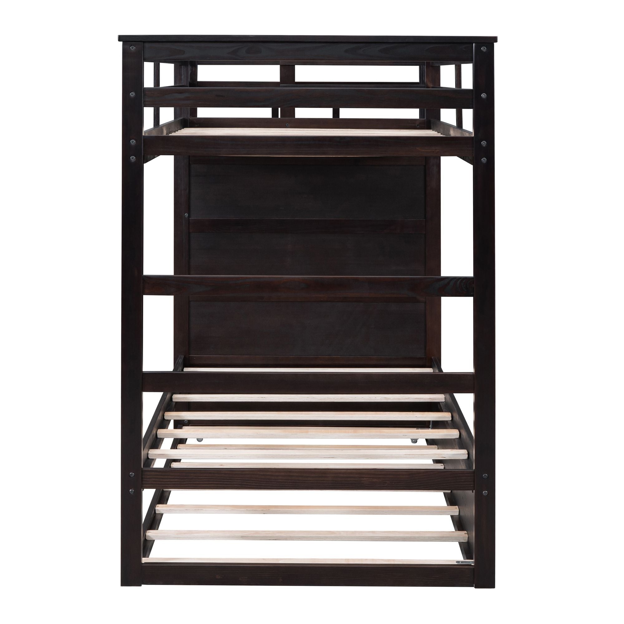 Kids Shared Room Twin Over Twin Wood Bunk Bed with Trundle, Staircase Storage, Espresso | Just Better Bunk Beds
