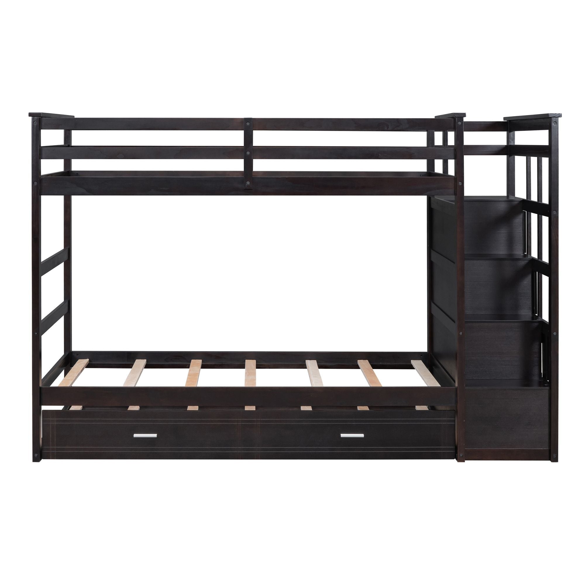 Kids Shared Room Twin Over Twin Wood Bunk Bed with Trundle, Staircase Storage, Espresso | Just Better Bunk Beds