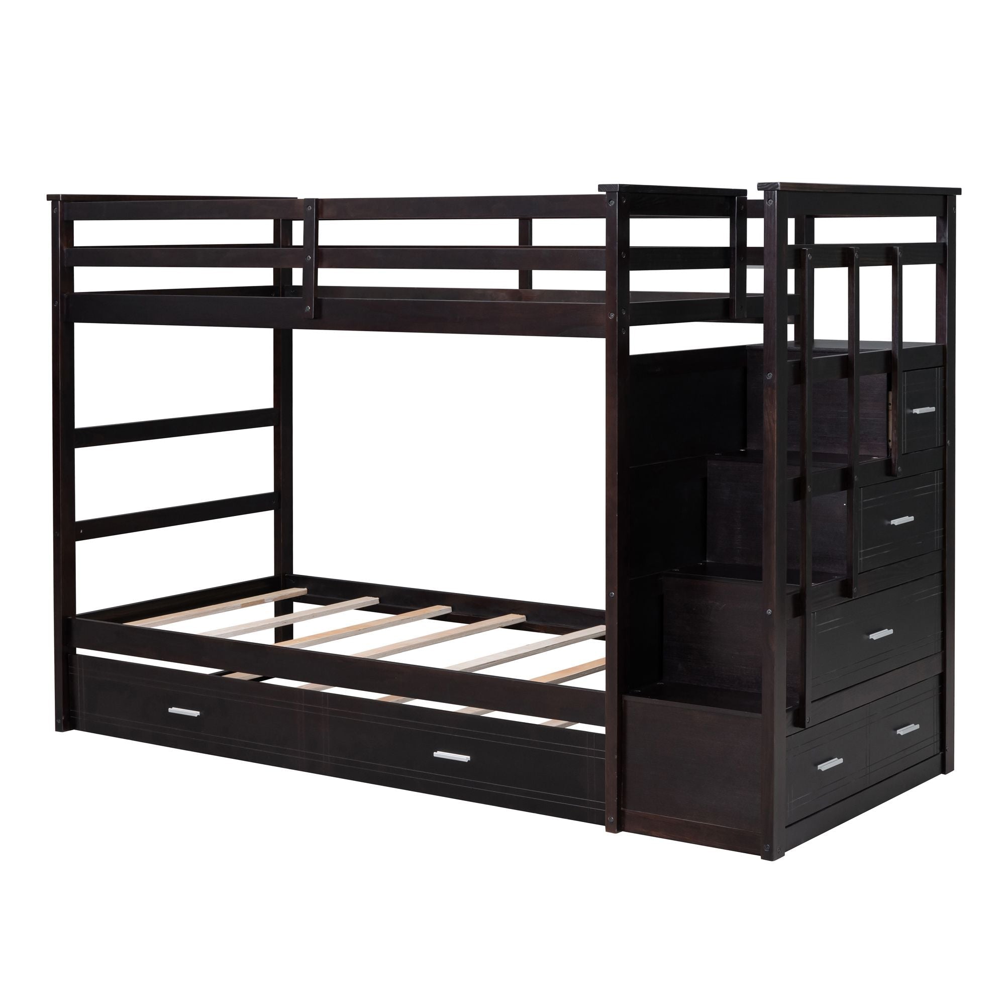 Kids Shared Room Twin Over Twin Wood Bunk Bed with Trundle, Staircase Storage, Espresso | Just Better Bunk Beds