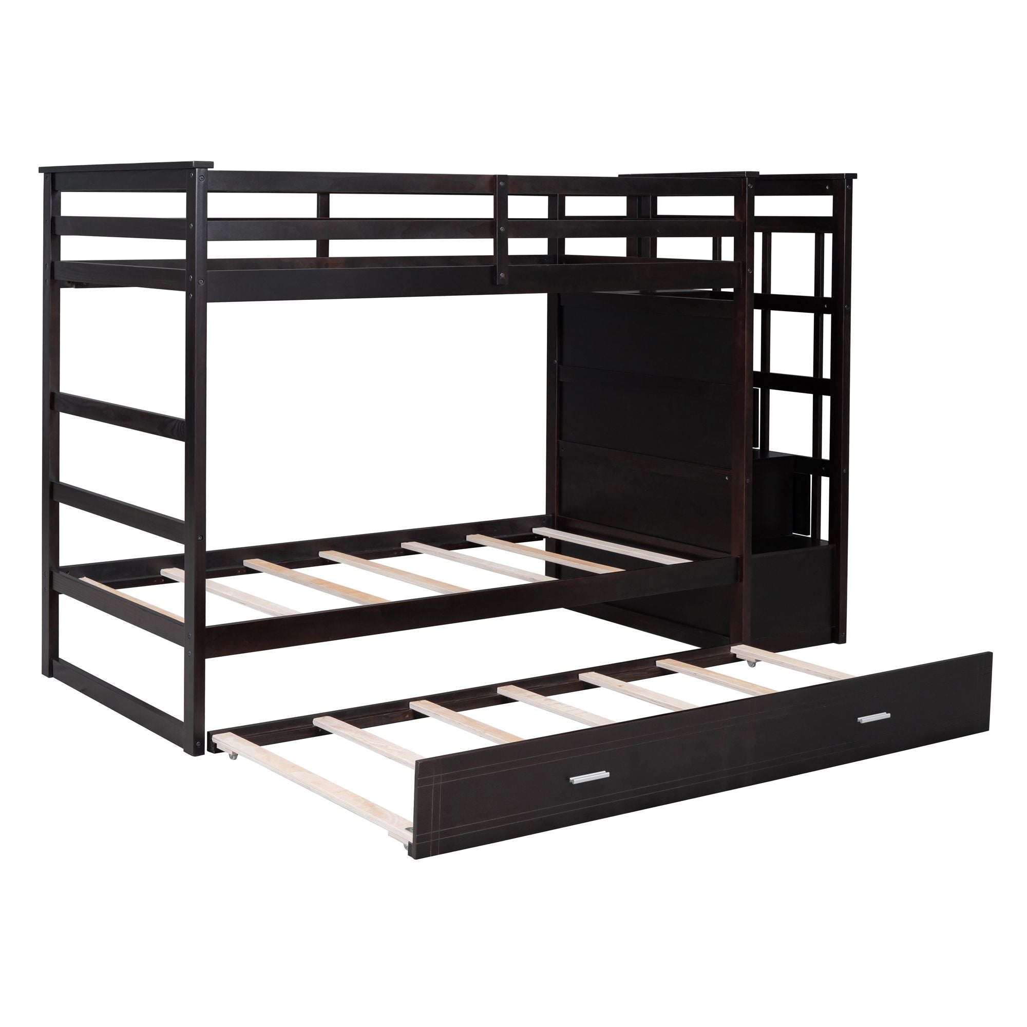 Kids Shared Room Twin Over Twin Wood Bunk Bed with Trundle, Staircase Storage, Espresso | Just Better Bunk Beds