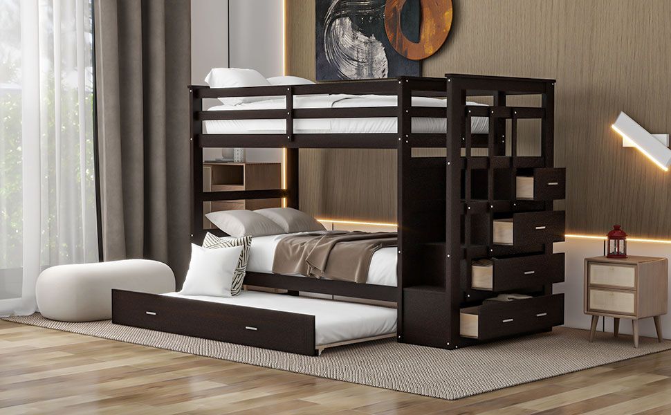Kids Shared Room Twin Over Twin Wood Bunk Bed with Trundle, Staircase Storage, Espresso | Just Better Bunk Beds