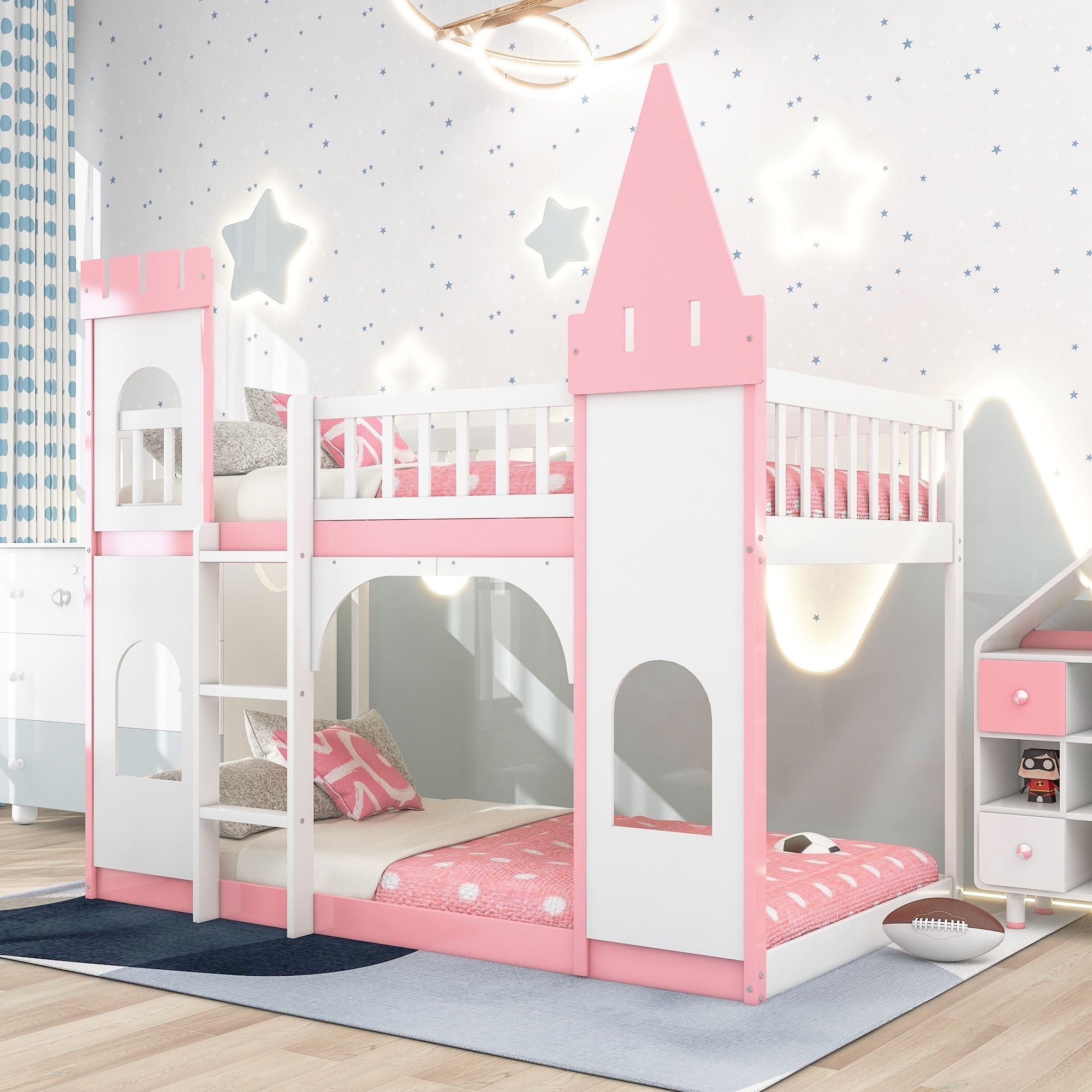 Kids Shared Room Twin Over Twin Wood Castle Bunk Bed with Ladder Pink Finish | Just Better Bunk Beds