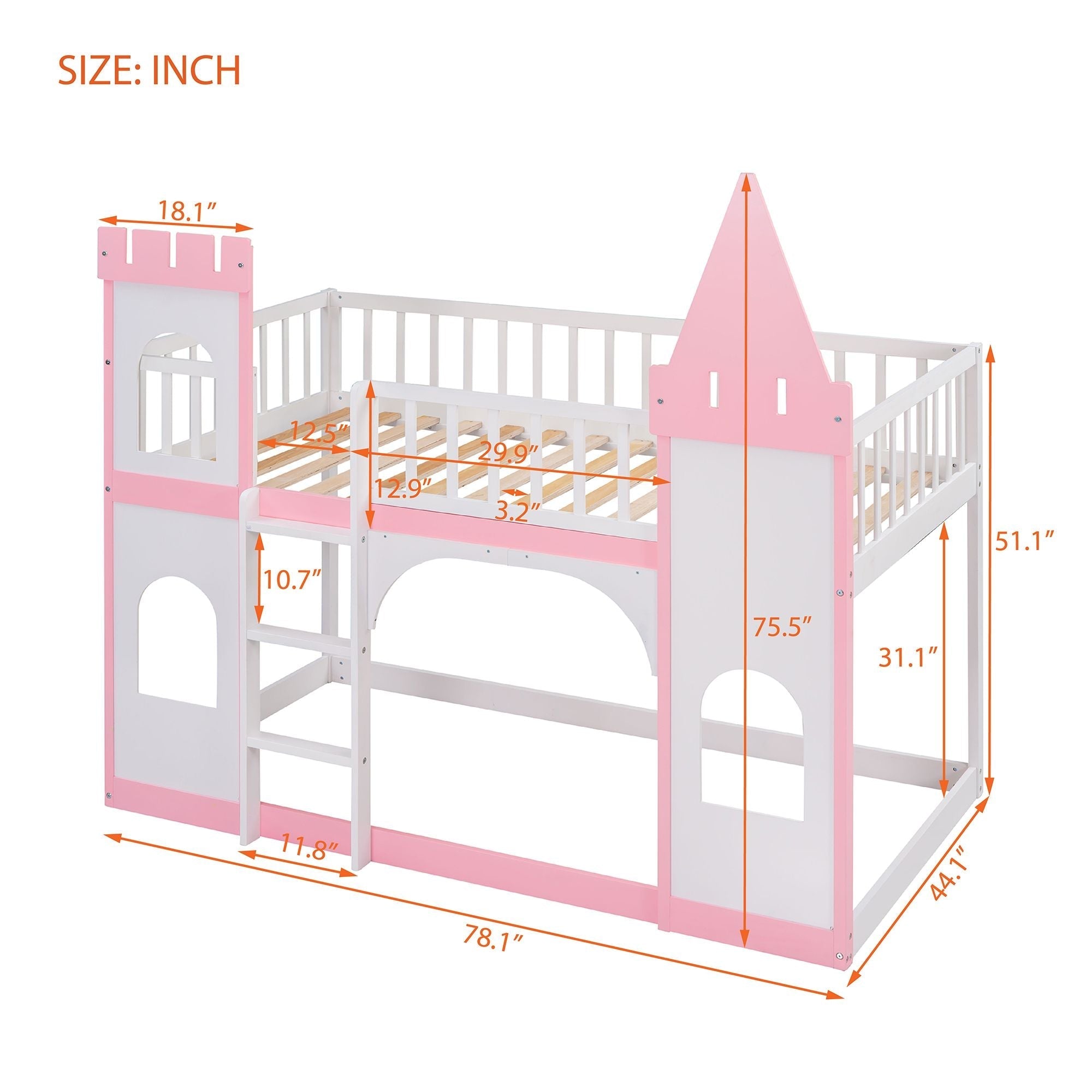 Kids Shared Room Twin Over Twin Wood Castle Bunk Bed with Ladder Pink Finish | Just Better Bunk Beds