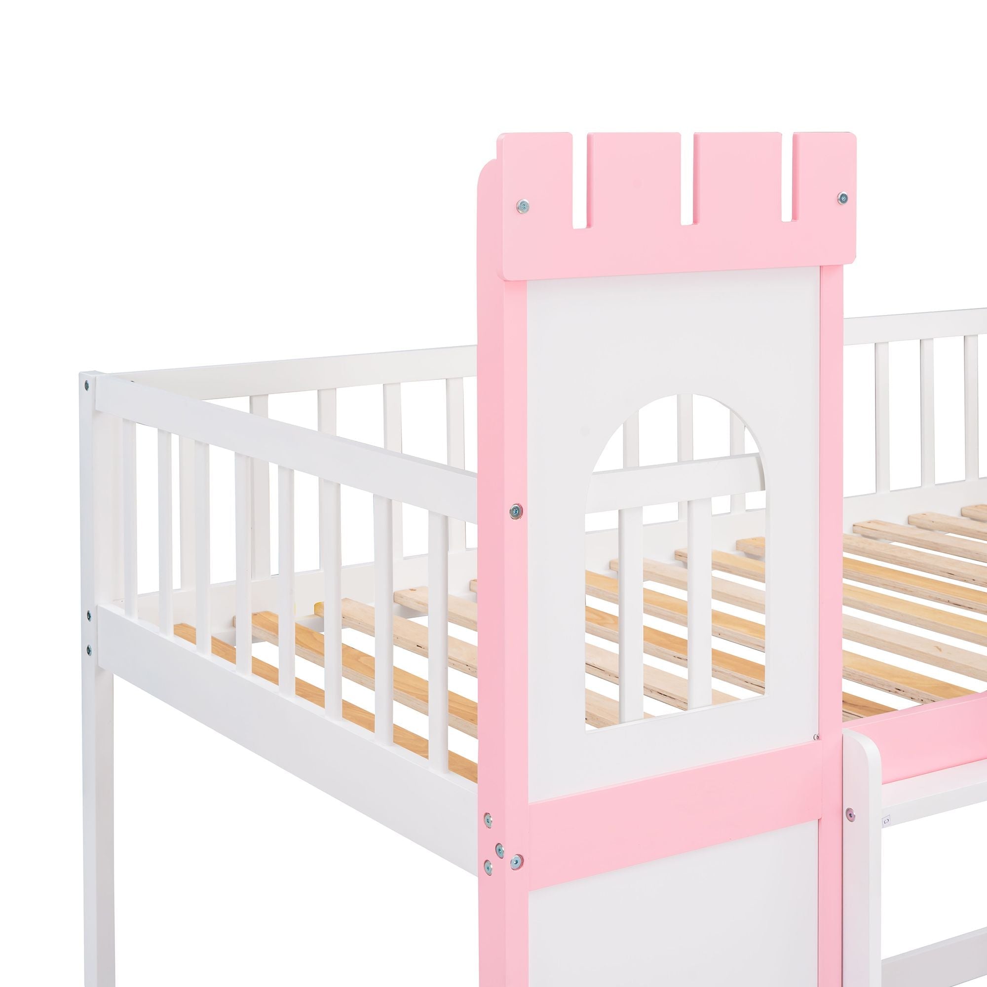 Kids Shared Room Twin Over Twin Wood Castle Bunk Bed with Ladder Pink Finish | Just Better Bunk Beds