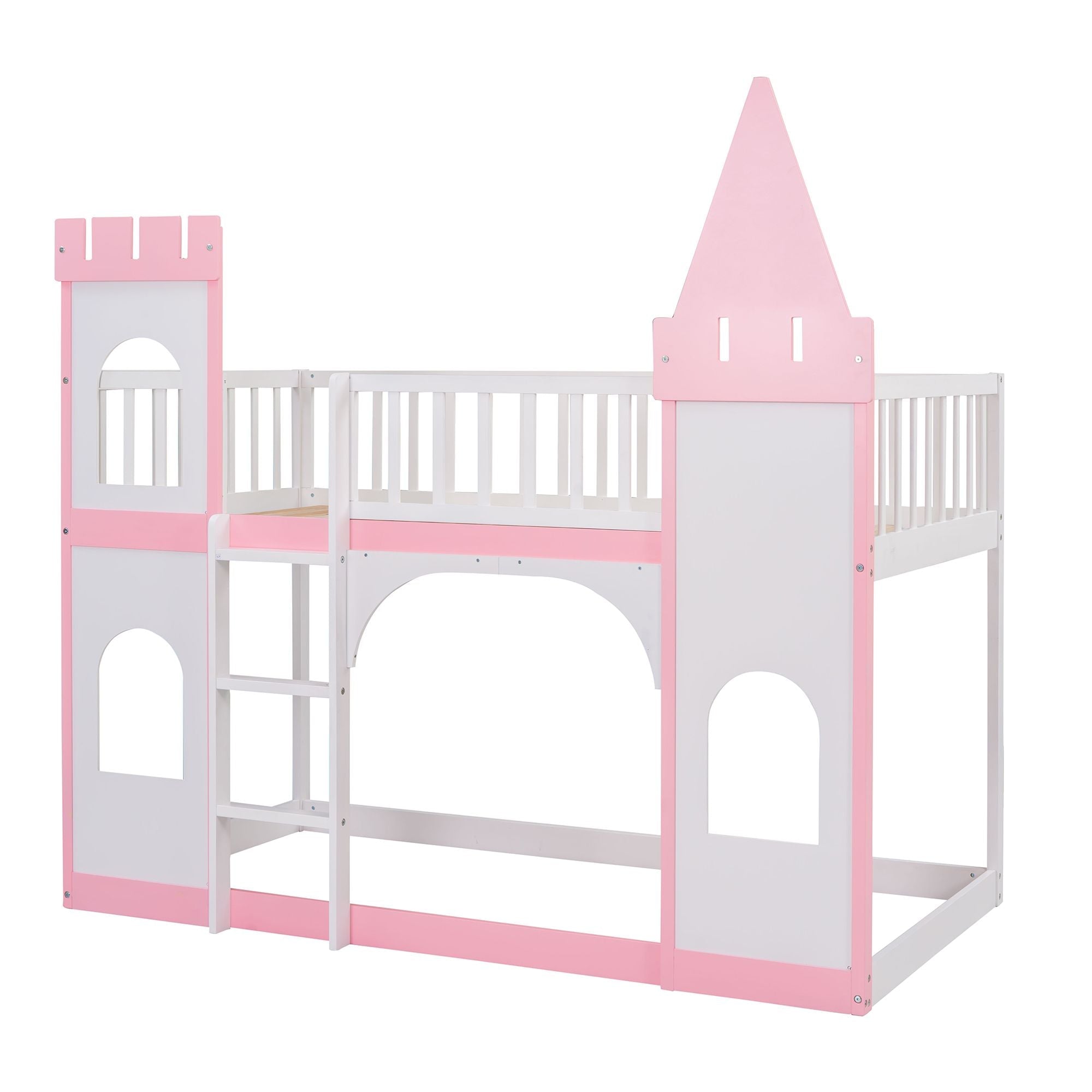 Kids Shared Room Twin Over Twin Wood Castle Bunk Bed with Ladder Pink Finish | Just Better Bunk Beds