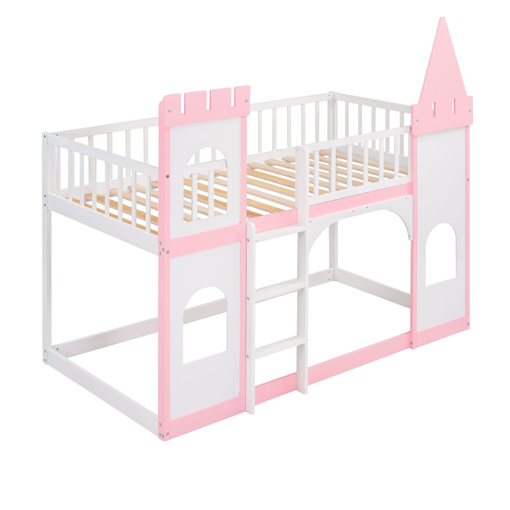 Kids Shared Room Twin Over Twin Wood Castle Bunk Bed with Ladder Pink Finish | Just Better Bunk Beds