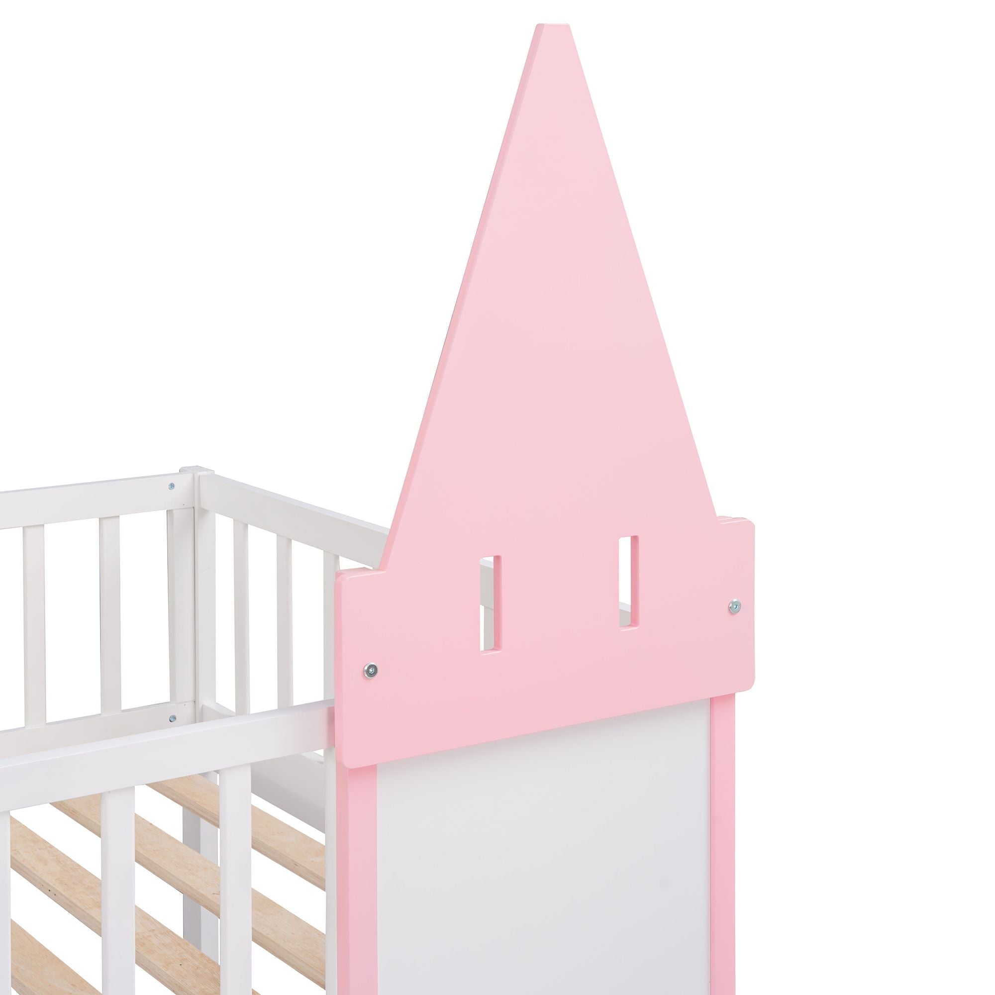 Kids Shared Room Twin Over Twin Wood Castle Bunk Bed with Ladder Pink Finish | Just Better Bunk Beds