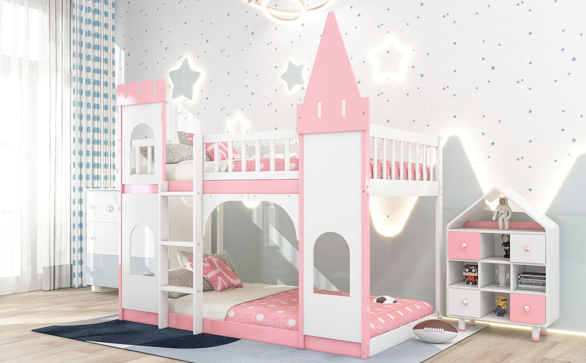 Kids Shared Room Twin Over Twin Wood Castle Bunk Bed with Ladder Pink Finish | Just Better Bunk Beds