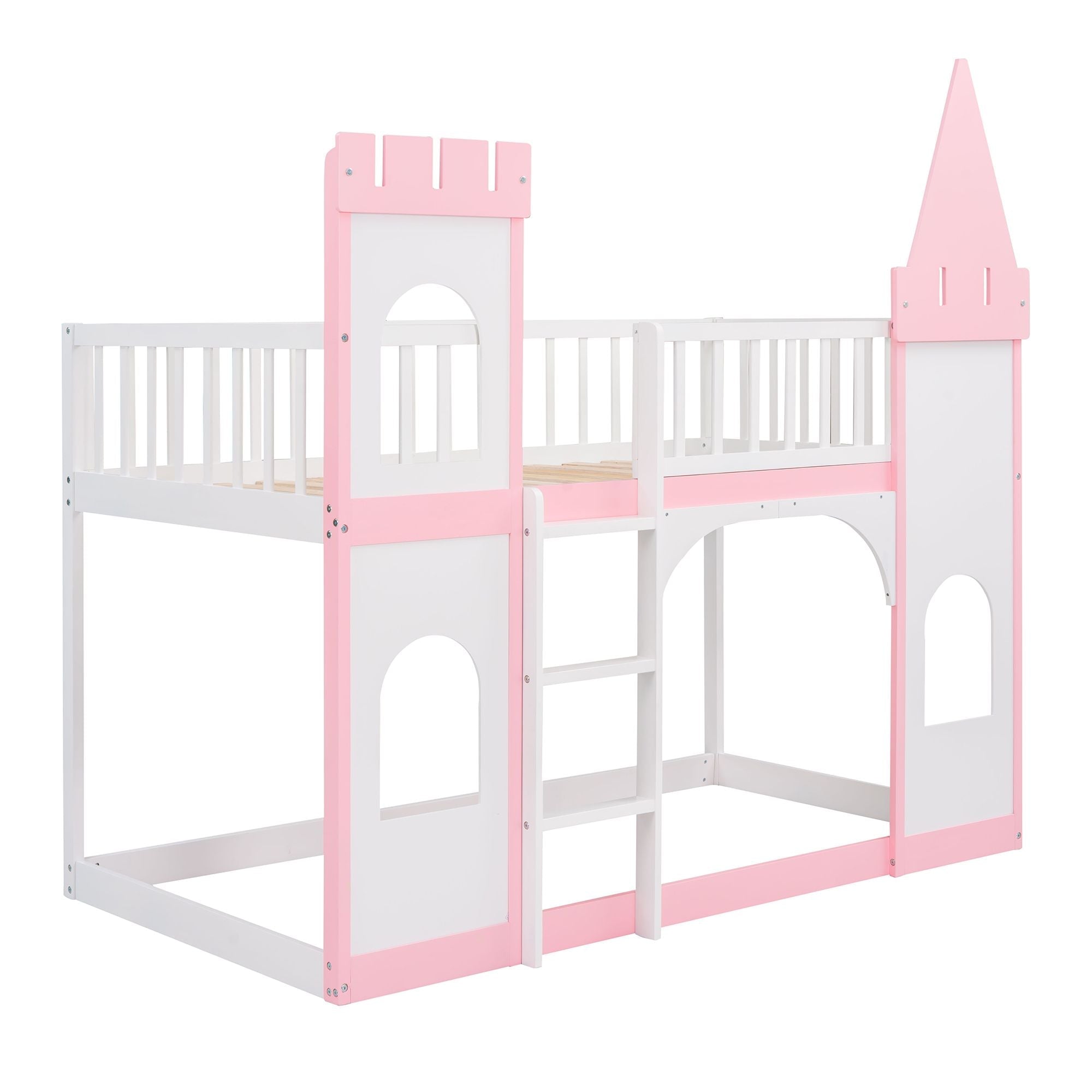 Kids Shared Room Twin Over Twin Wood Castle Bunk Bed with Ladder Pink Finish | Just Better Bunk Beds