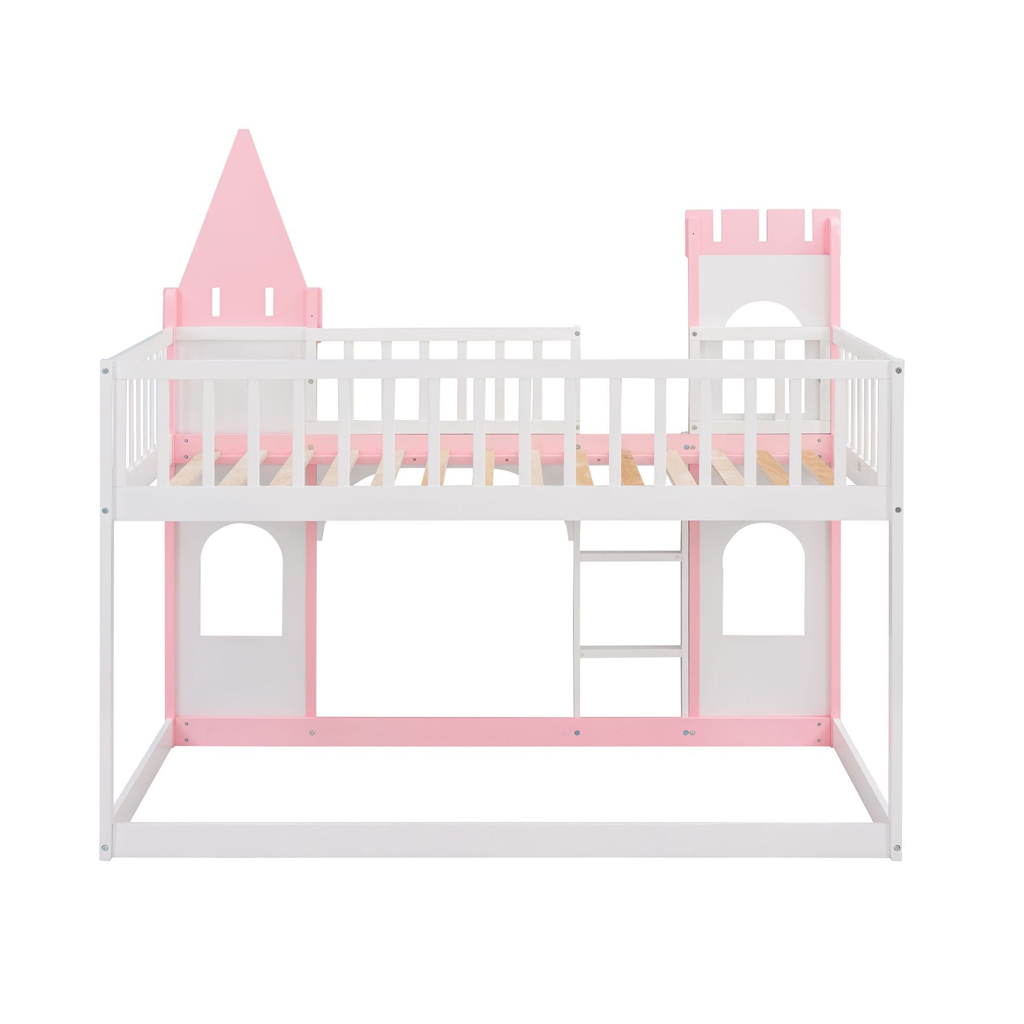Kids Shared Room Twin Over Twin Wood Castle Bunk Bed with Ladder Pink Finish | Just Better Bunk Beds