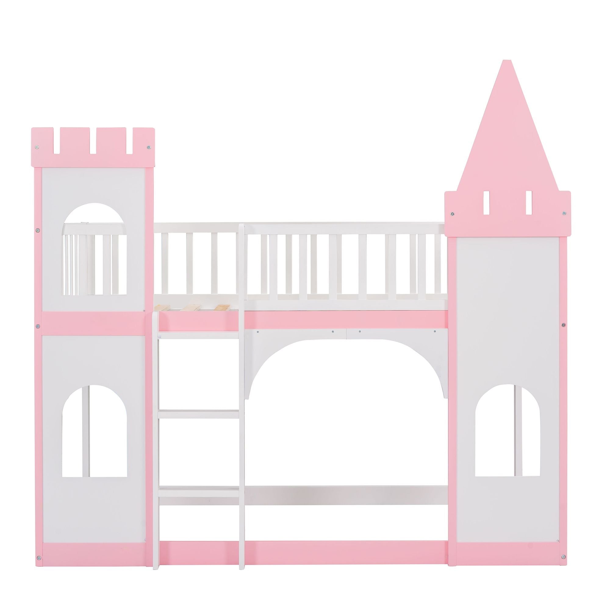 Kids Shared Room Twin Over Twin Wood Castle Bunk Bed with Ladder Pink Finish | Just Better Bunk Beds