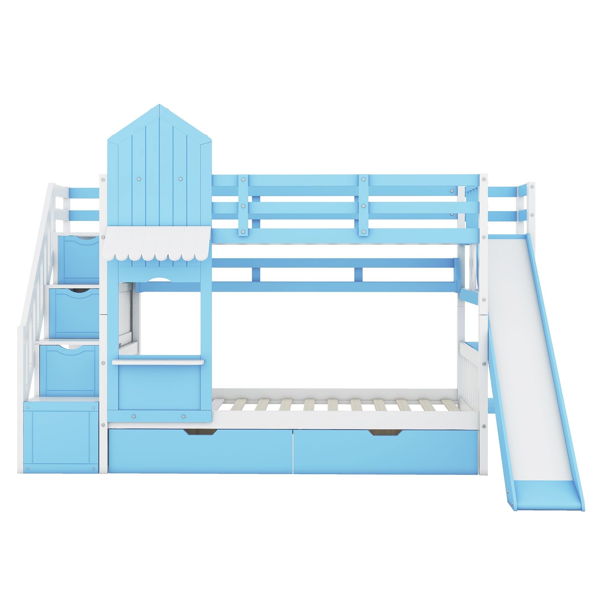 Kids Shared Room Twin Over Twin Wood Castle Bunk Bed with Slide, Storage Drawers, Shelves, Blue | Just Better Bunk Beds