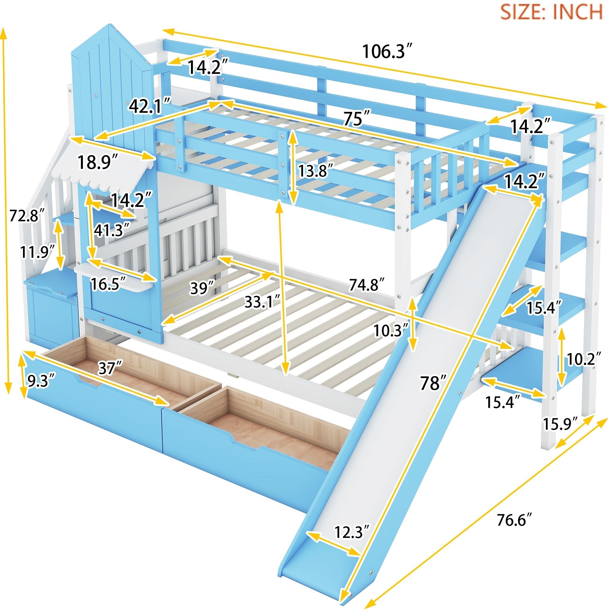 Kids Shared Room Twin Over Twin Wood Castle Bunk Bed with Slide, Storage Drawers, Shelves, Blue | Just Better Bunk Beds