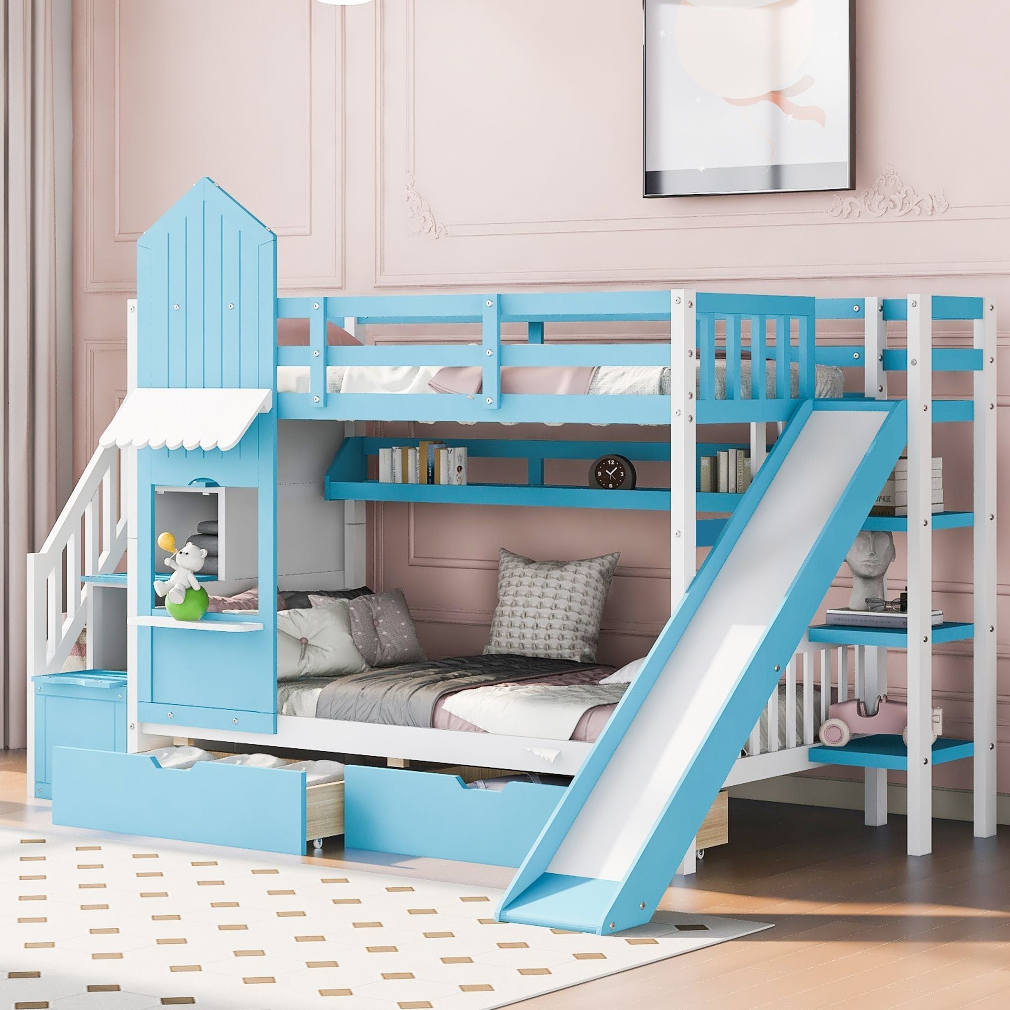 Kids Shared Room Twin Over Twin Wood Castle Bunk Bed with Slide, Storage Drawers, Shelves, Blue | Just Better Bunk Beds