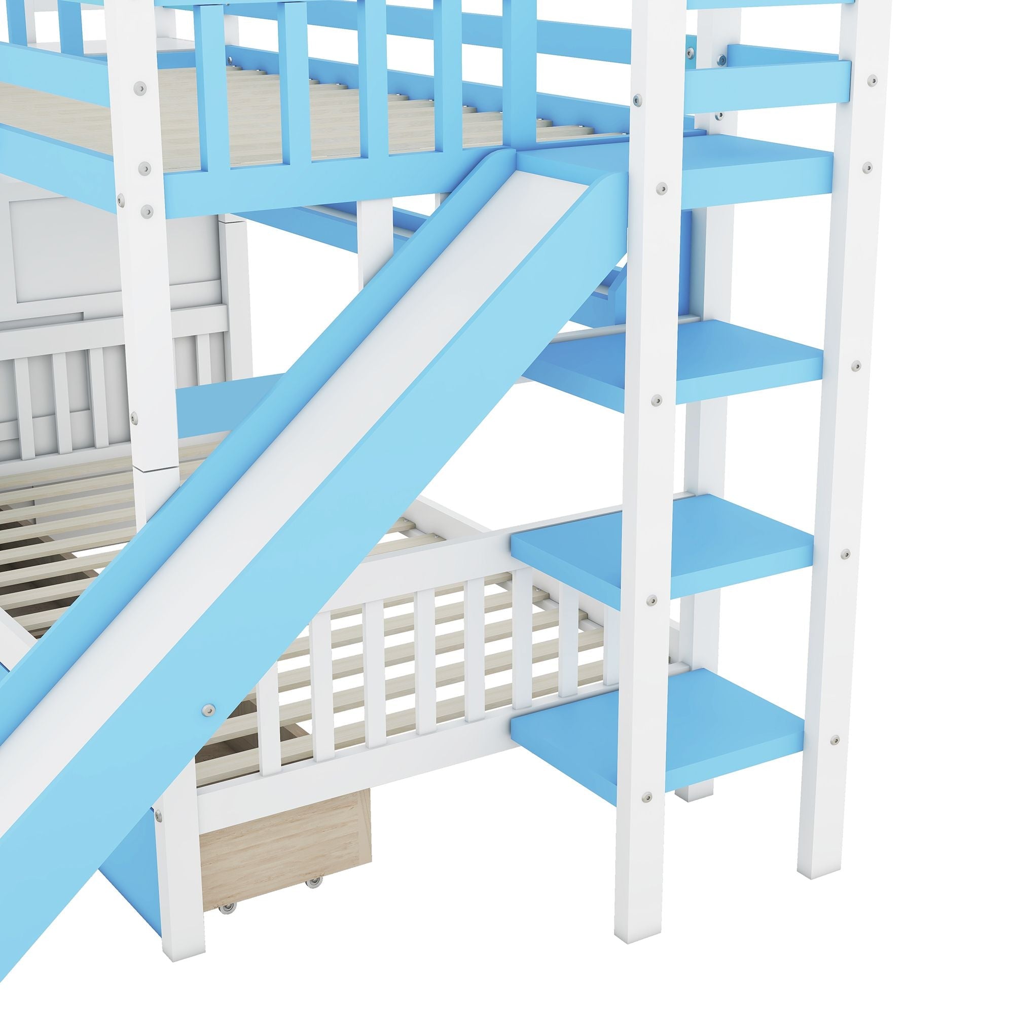 Kids Shared Room Twin Over Twin Wood Castle Bunk Bed with Slide, Storage Drawers, Shelves, Blue | Just Better Bunk Beds