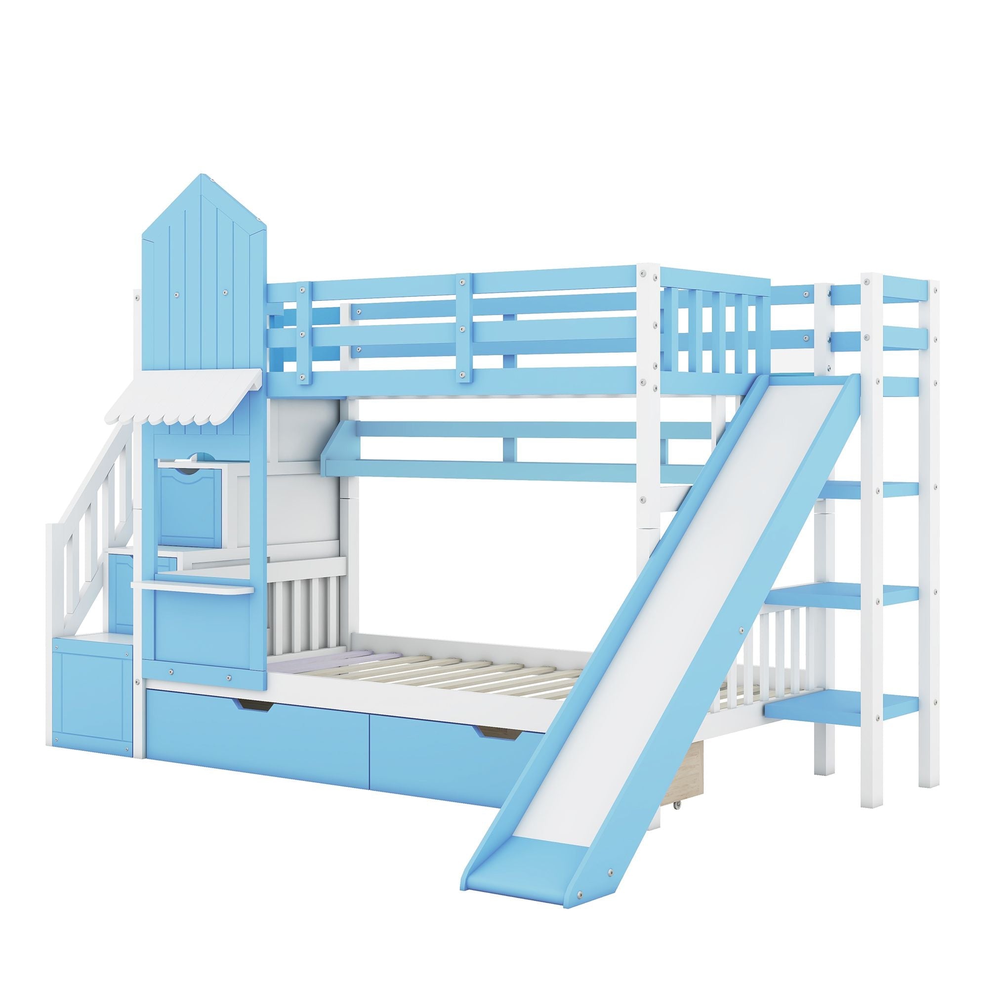 Kids Shared Room Twin Over Twin Wood Castle Bunk Bed with Slide, Storage Drawers, Shelves, Blue | Just Better Bunk Beds